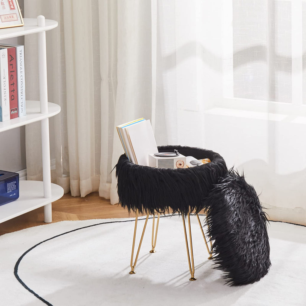 Faux Fur Storage Ottoman Round Furry Vanity Stool Marble Grain Tray Coffee Table Compact Footrest Stool with 4 Metal Legs Soft Makeup Seat Foot Stools for Living Room Bedroom Entryway