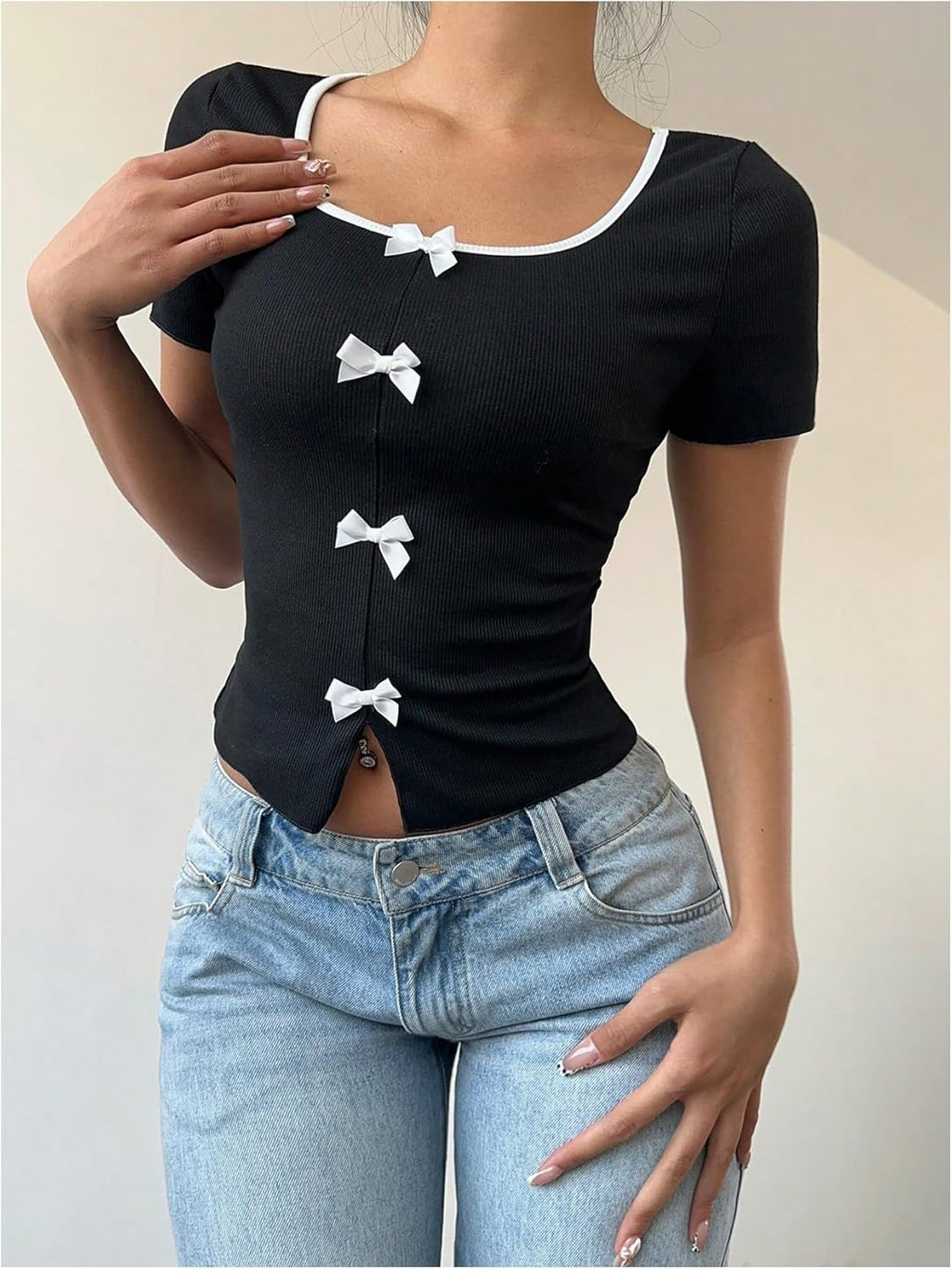 Women's Coquette Bow Tops Slit Colorblock Short Sleeve Summer T Shirts