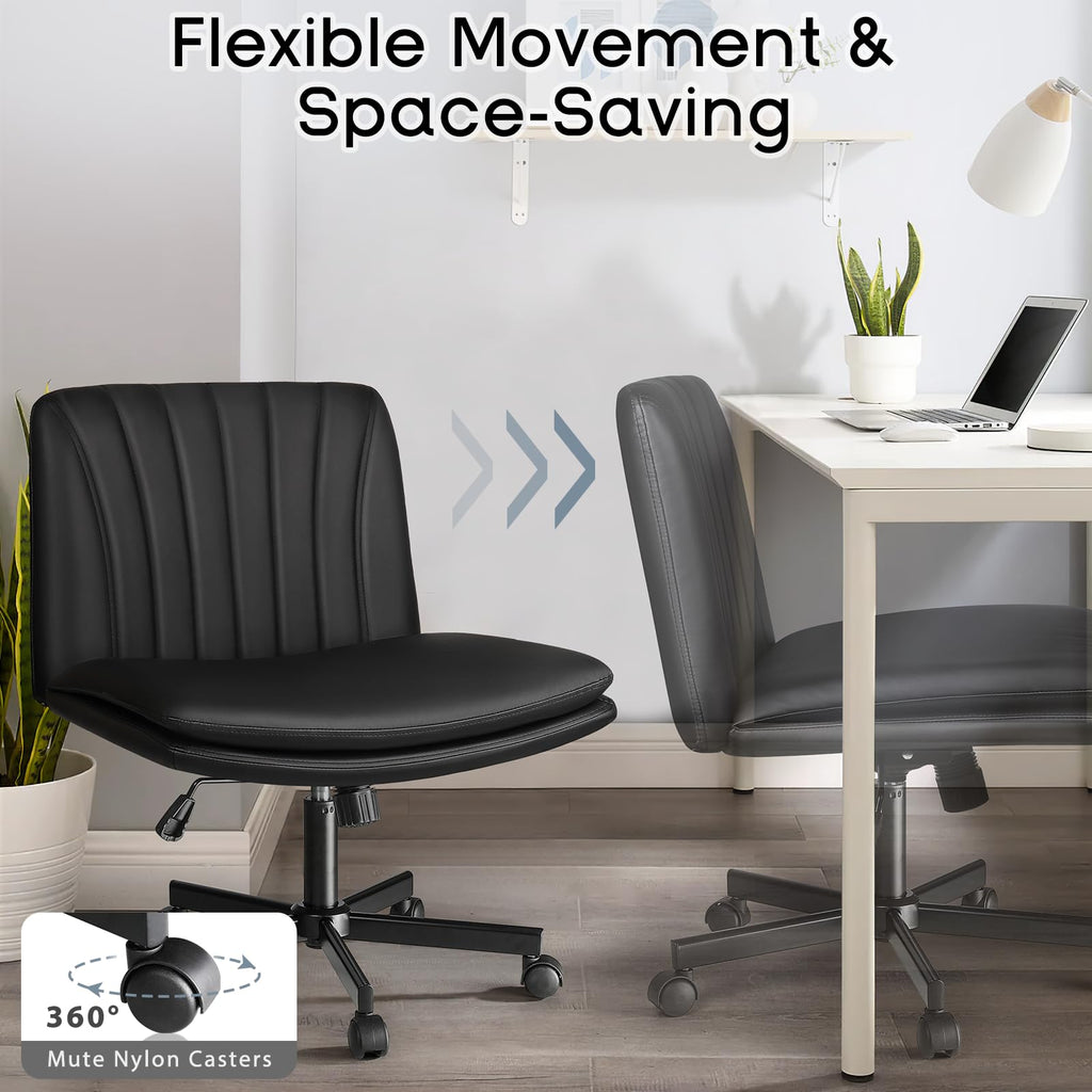 Criss Cross Chair, Armless Cross Legged Office Desk Chair No Wheels, Fabric Padded Modern Swivel Height Adjustable Mid Back Wide Seat