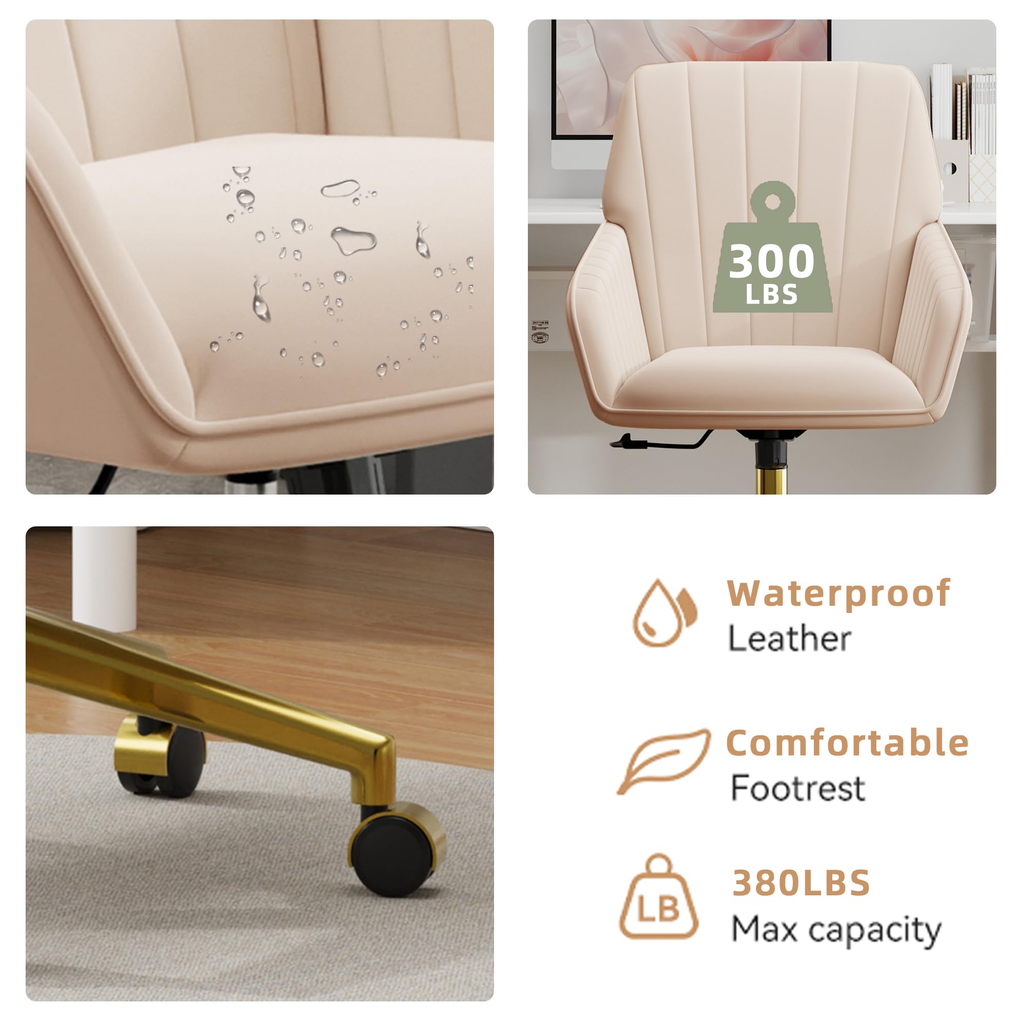 Velvet Modern Cute Chair with Back, Height Adjustable Upholstered Vanity Chair with Swivel Wheels