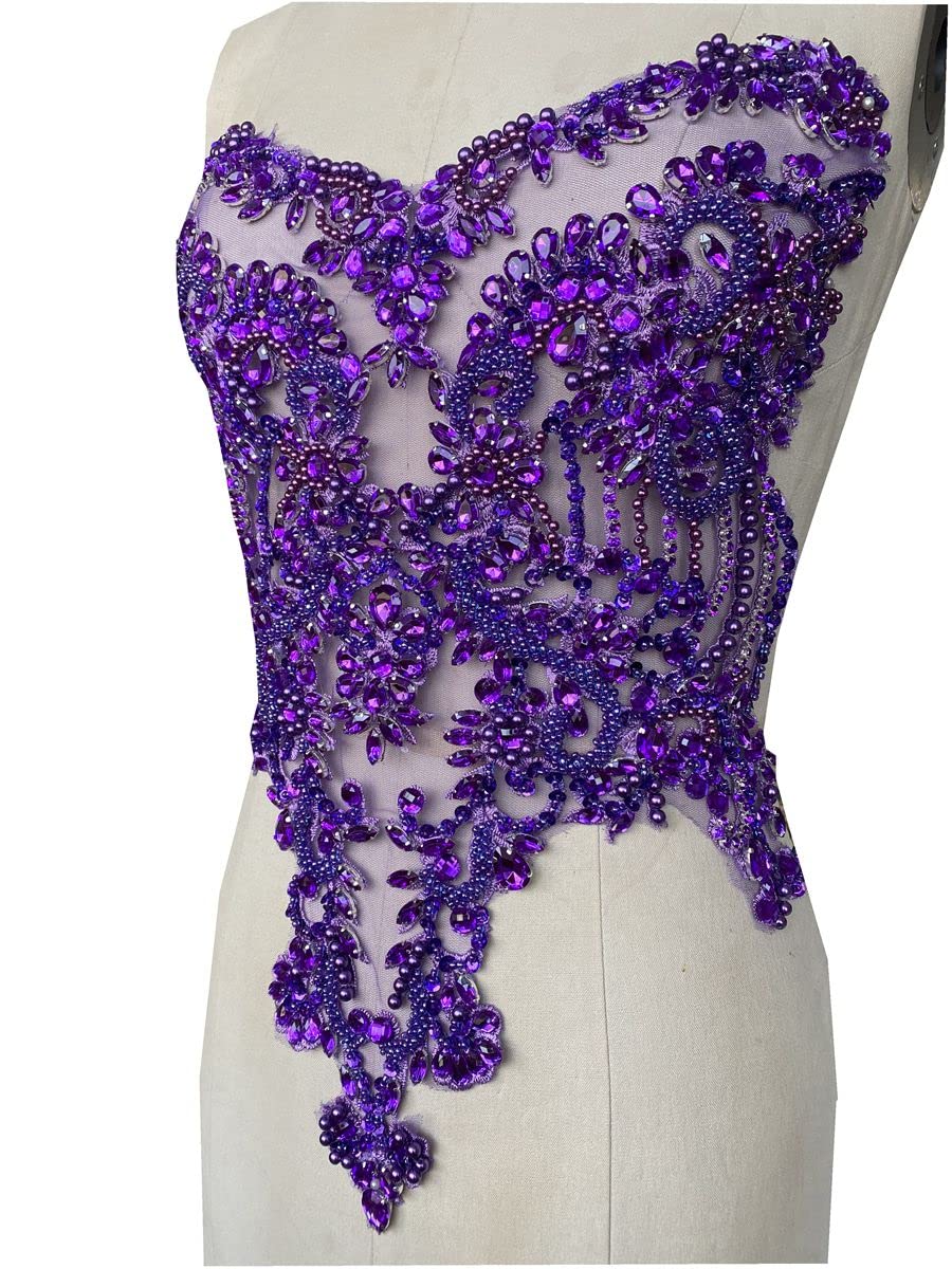 Handmade red/Blue/Gold/Green Rhinestones lace Bodice Applique Sewing Beads Crystal Trim Patches Accessory for Dress Clothes (Rose red)