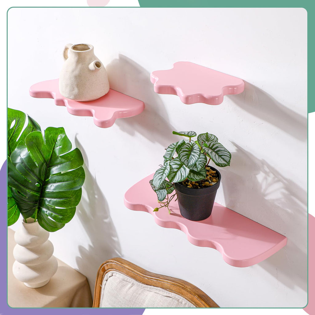Set of 3 Wavy Cloud Floating Shelves â€?Funky Kawaii Danish Wall Decor for Bedroom & Bathroom (Pink, Green, Purple)