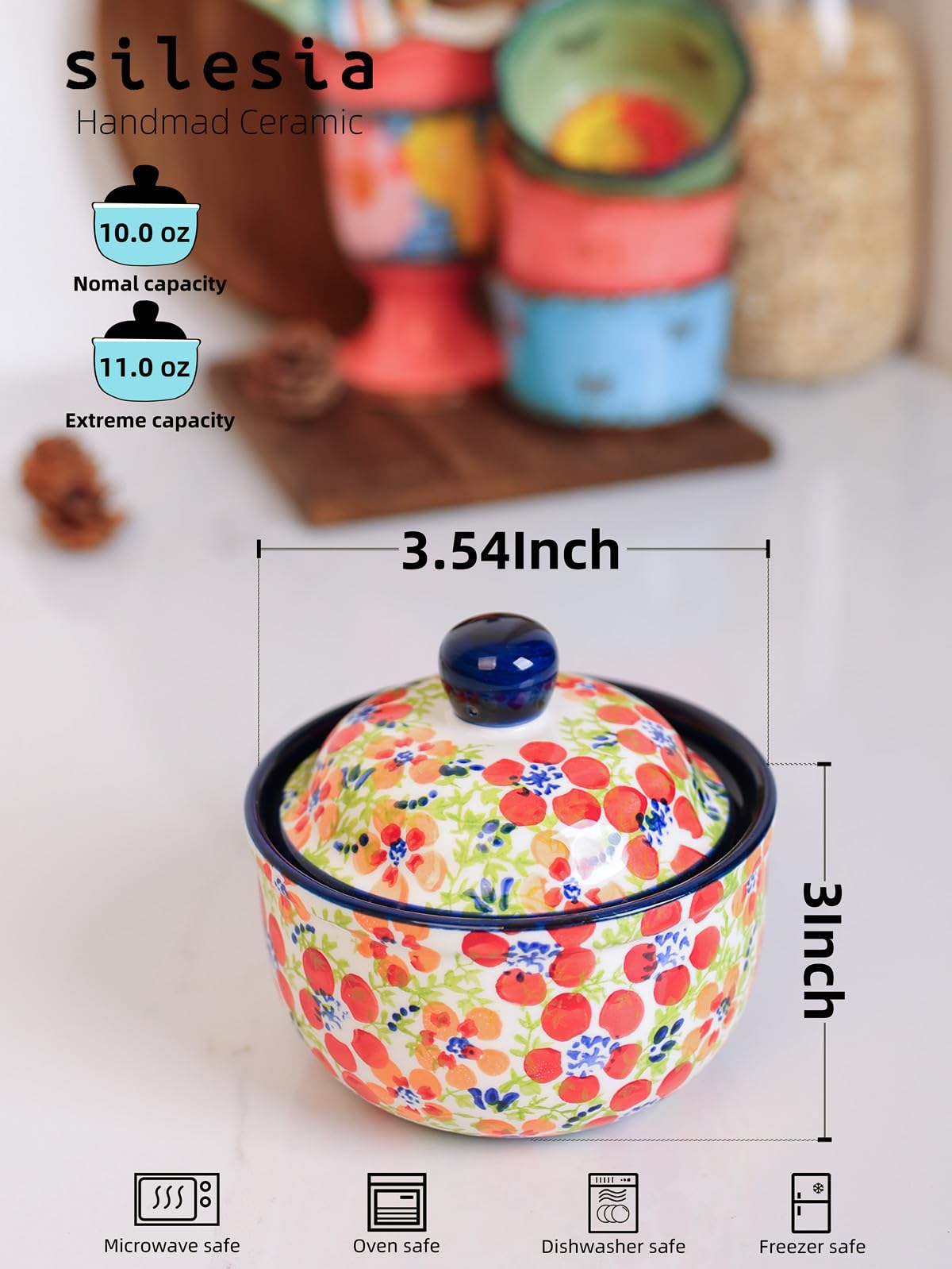 Handmade Sugar Bowl with Lid and Spoon, 10 Ounce Ceramic Hand-Painted Sugar Jar for Kitchen Oven, Dishwasher & Microwave Safe, Glazed