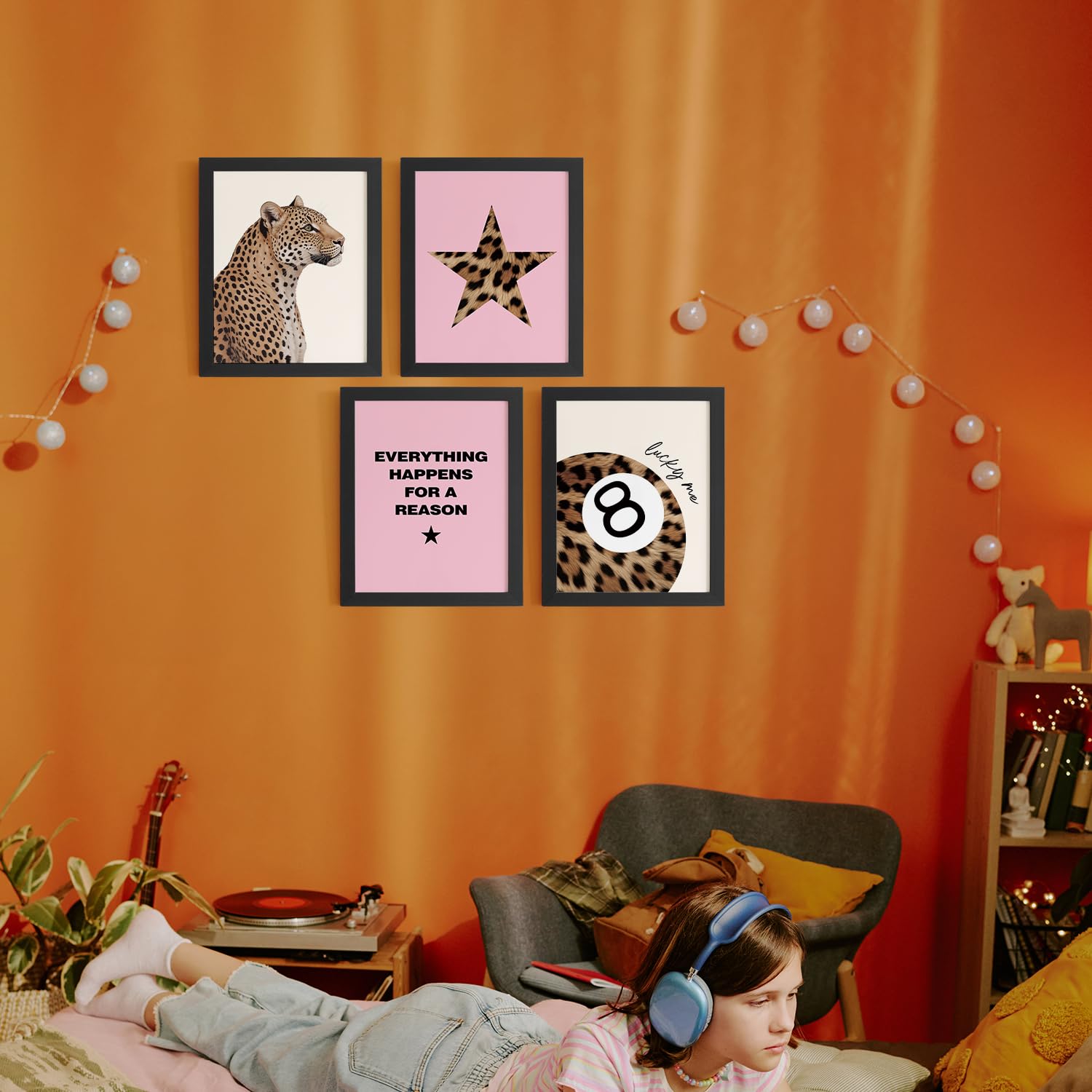 Trendy Leopard Wall Art Prints Set of 4 Funky Lucky 8 Ball Posters Prints Preppy Room Aesthetic Cheetah Wall Decor for Girls Room Dorm Apartment 8x10 Unframed