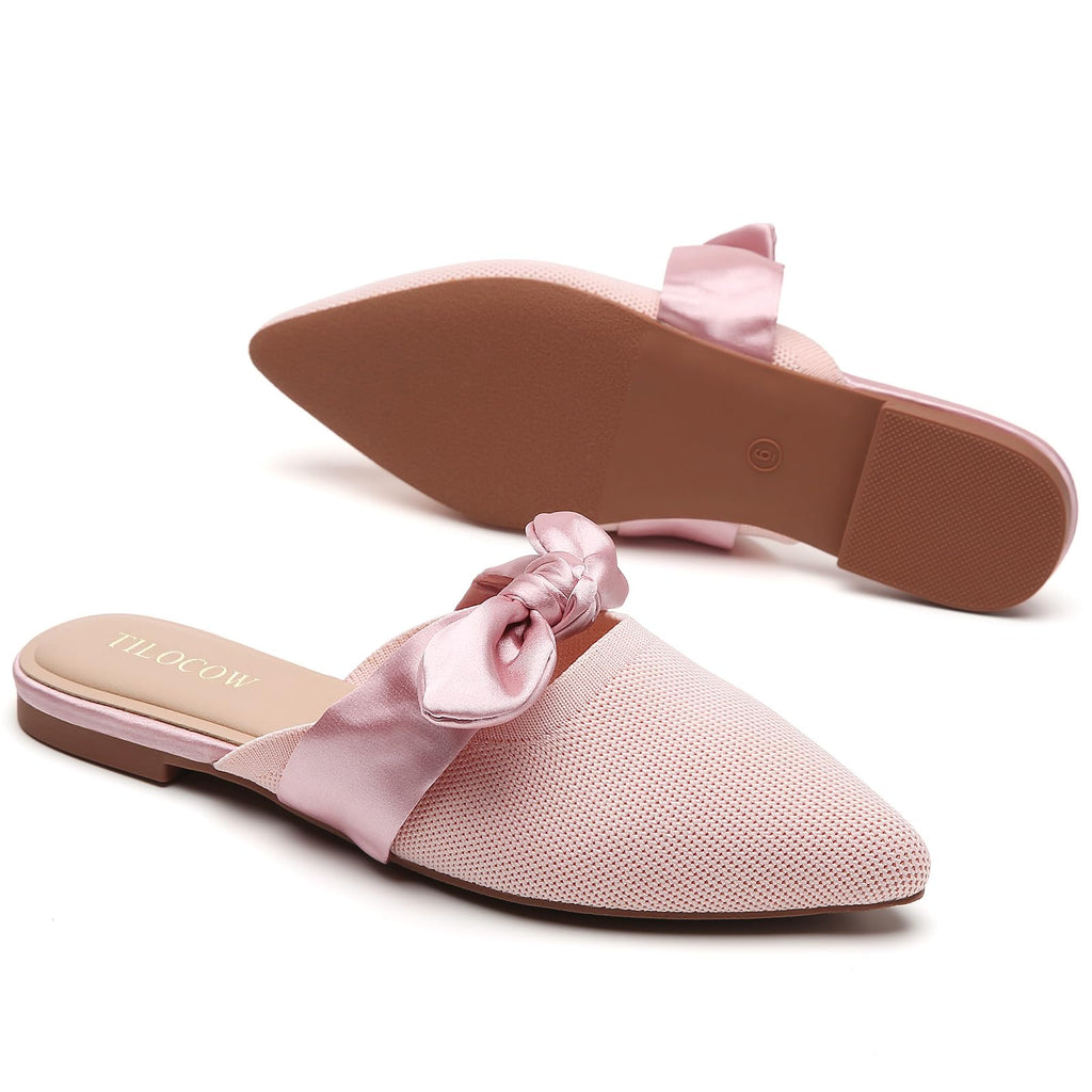 Knotbow Mules for Woman Pointed Toe Flats Bow Mules Slip On Slides Flats Shoes Women Dressy Comfortable