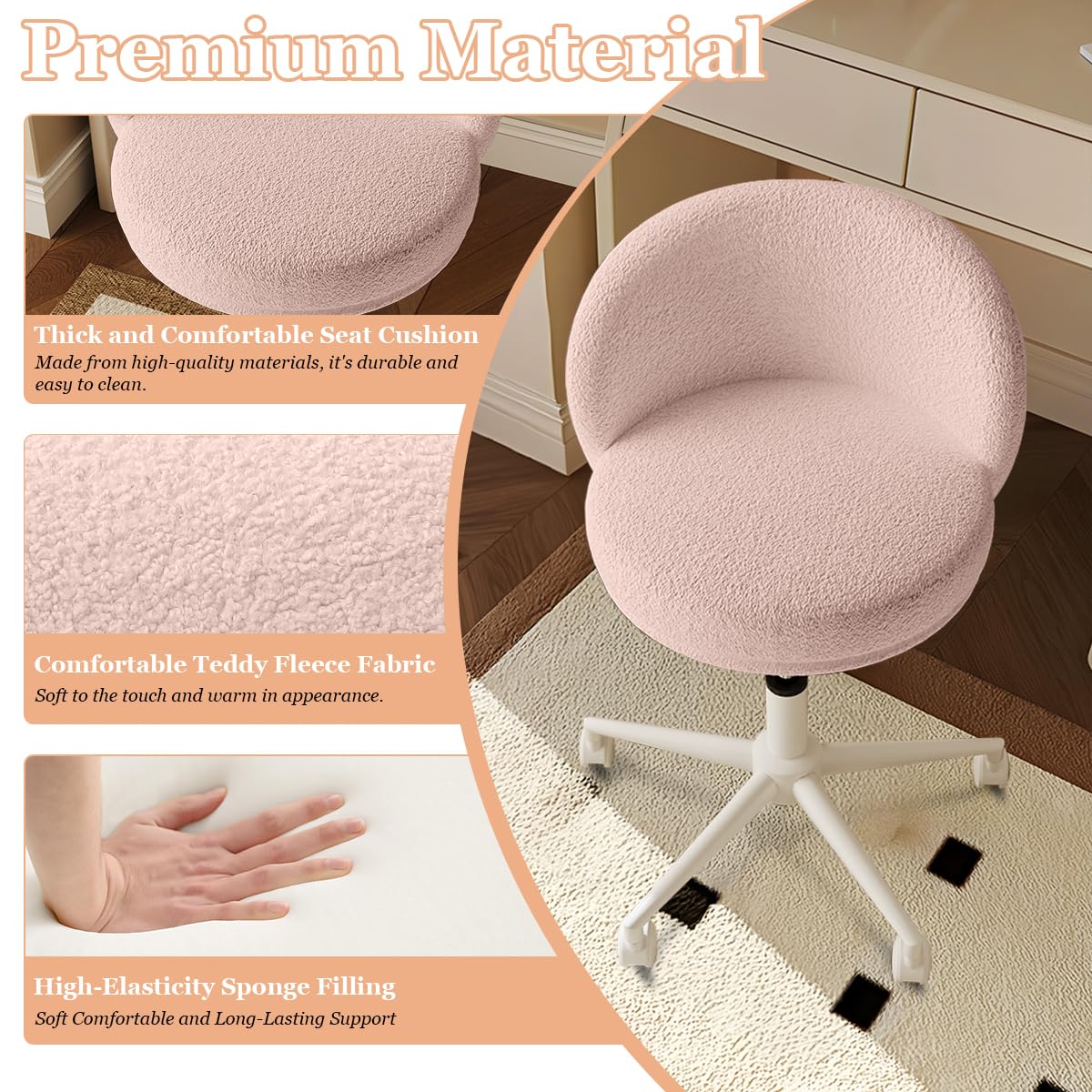 Modern Vanity Chair with Back, 360° Swivel Makeup Desk Chair Small Office Chair with Wheels, Height Adjustable Armless Computer Task Chair