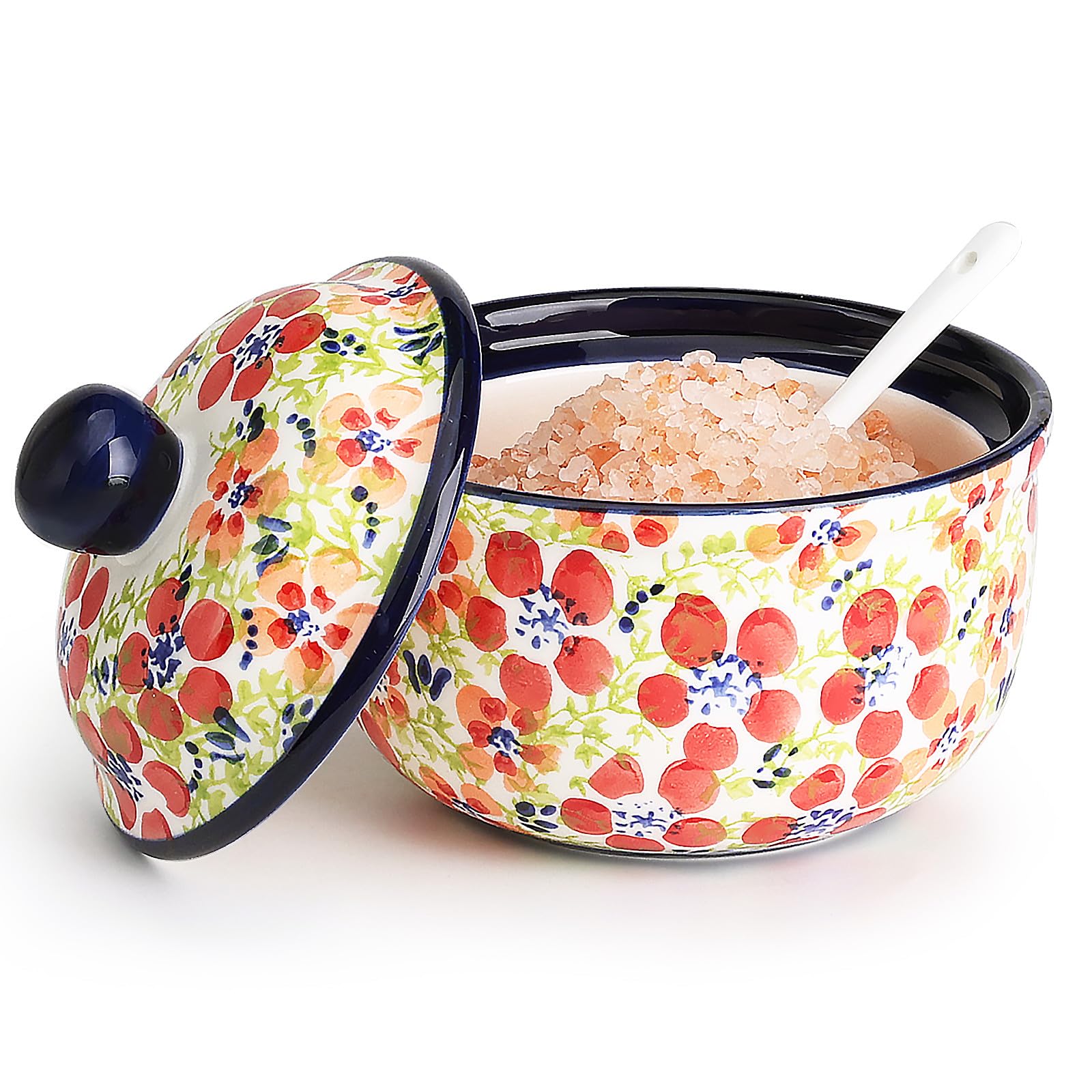Handmade Sugar Bowl with Lid and Spoon, 10 Ounce Ceramic Hand-Painted Sugar Jar for Kitchen Oven, Dishwasher & Microwave Safe, Glazed