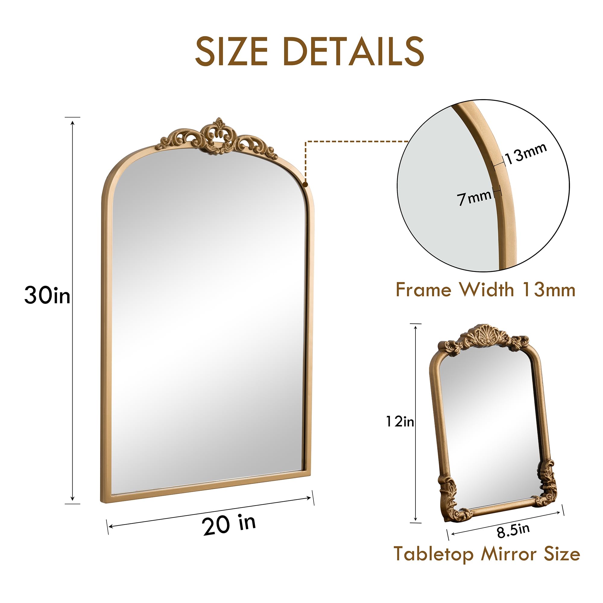 Set Vintage Mirror 36x29 Gold Antique Baroque Arched Ornate Traditional Brass Mirror and 8.5x12 Vintage Vanity