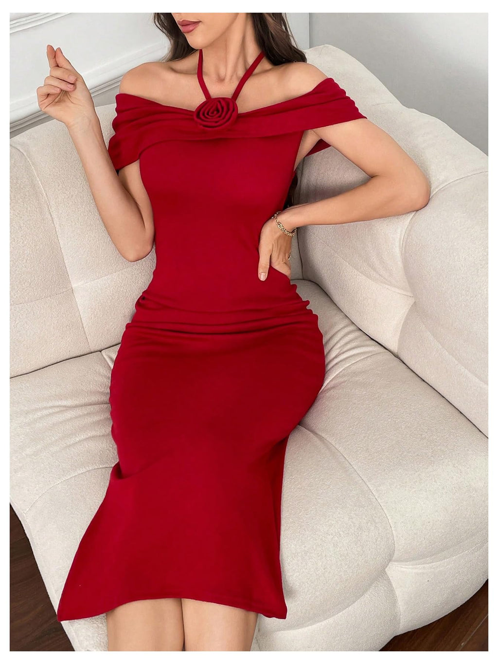 Women's 3D Floral Off The Shoulder Halter Dress Backless Long Bodycon Dress