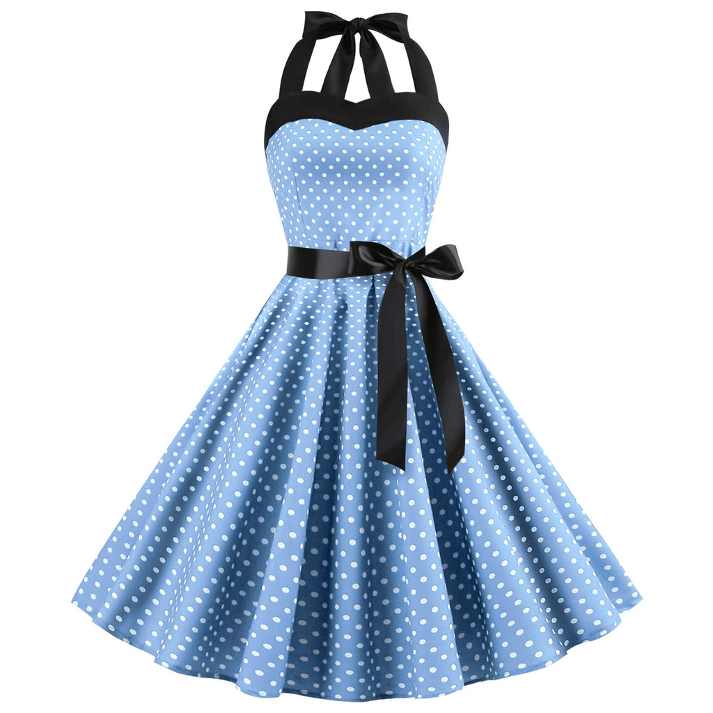 Vintage Women 1950s Rockabilly Swing Dress Pinup 50s Retro Hepburn Style Halterneck A-Line Dresses