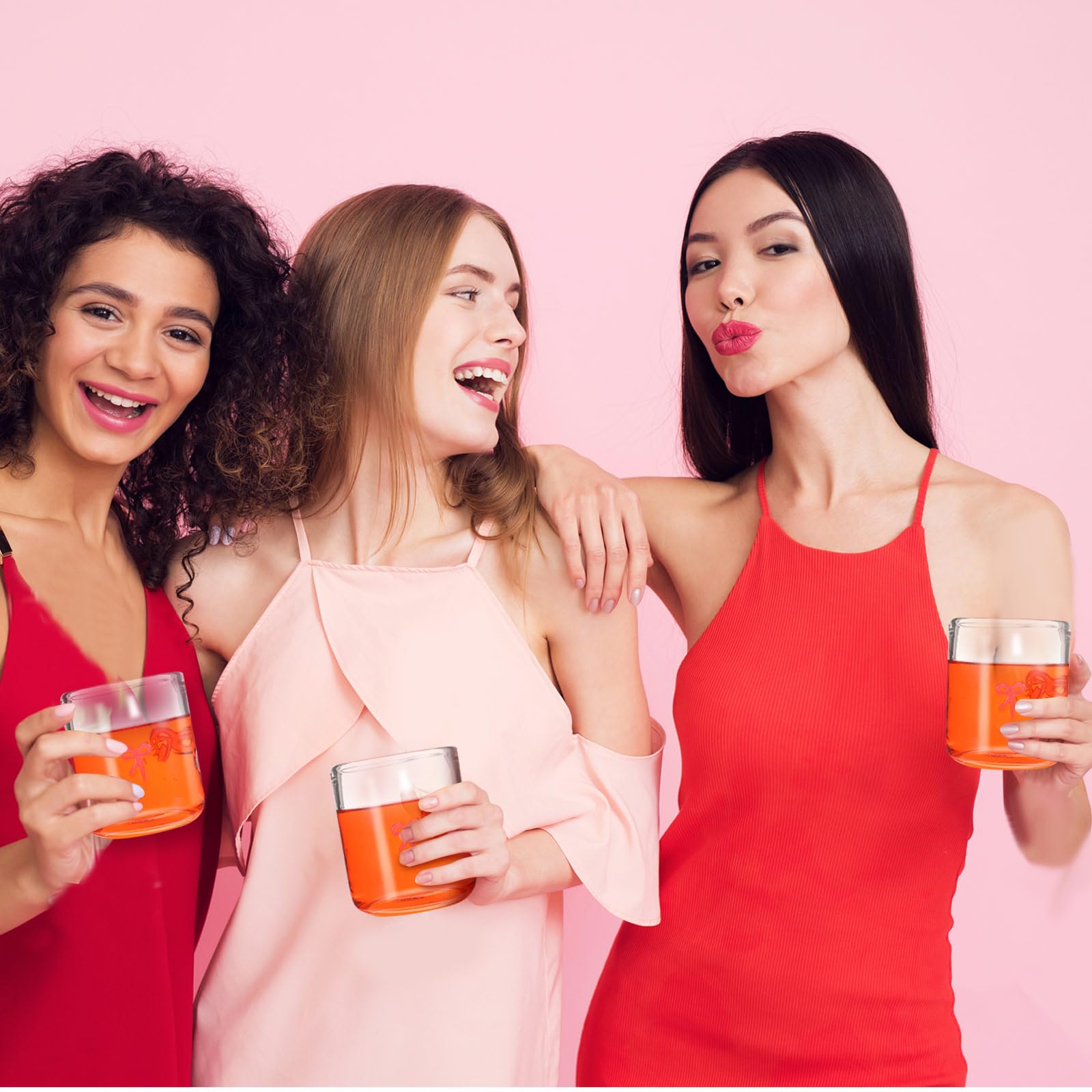 Skylety 2 Pack Bow Icon Juice Glass Coquette Bow Aesthetic Cup 14 ounce Double Old Fashioned Icon Handblown Cocktail glasses for Women Friend Party(Pink)