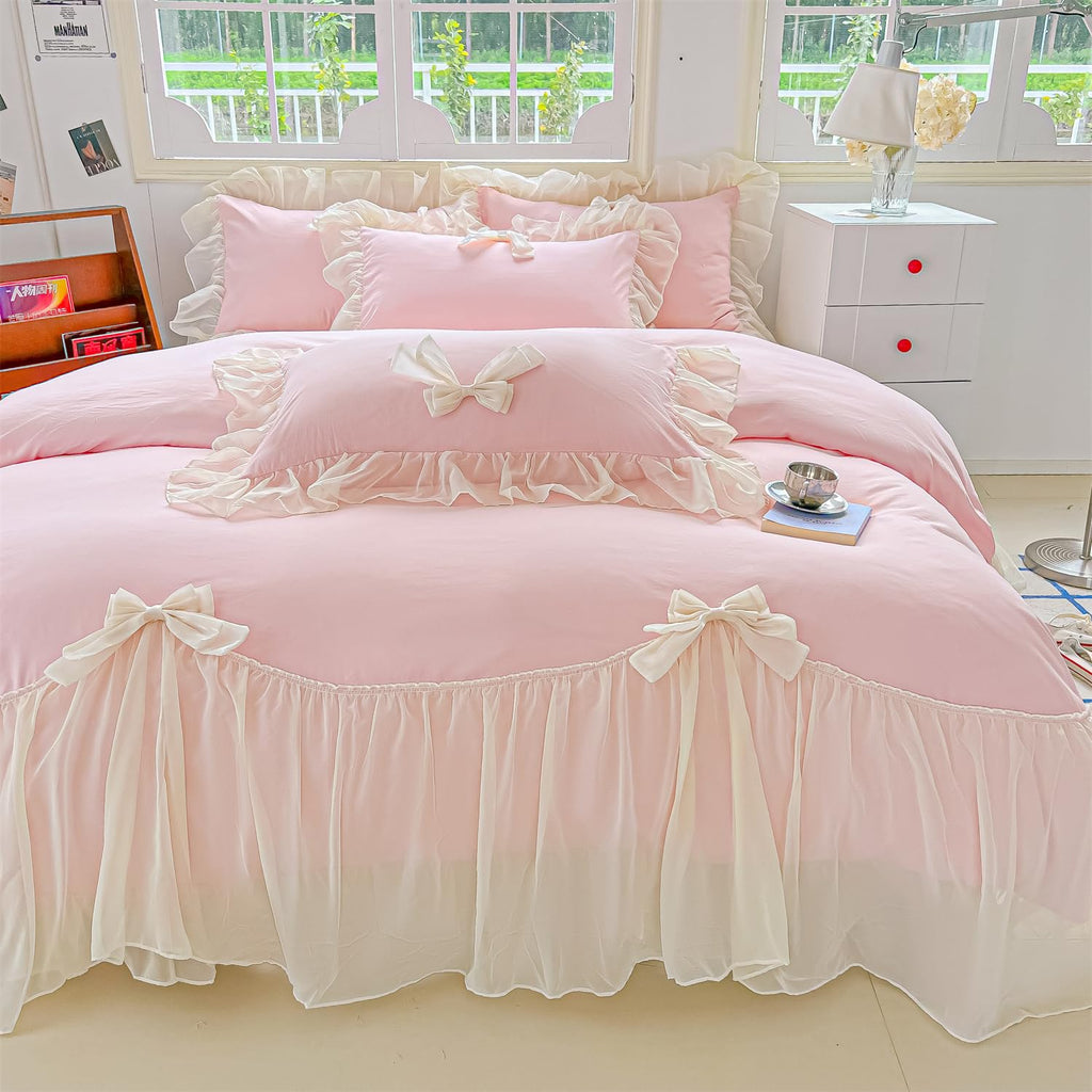 Girls Lace Bedding,Queen Comforter Cover Set, Chic Ruffled Duvet Cover with Lovely Bow,Princess Style 1 Duvet Cover with 2 Pillowcases, No Comforter-Hot Pink,Full Size