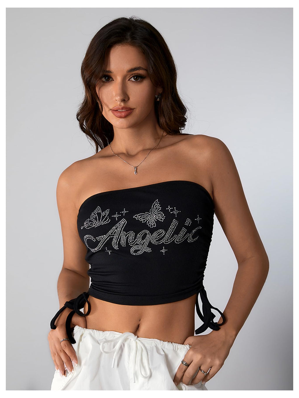 Women's Y2K Tube Tops Rhinestone Strapless Sleeveless Graphic Crop Tops