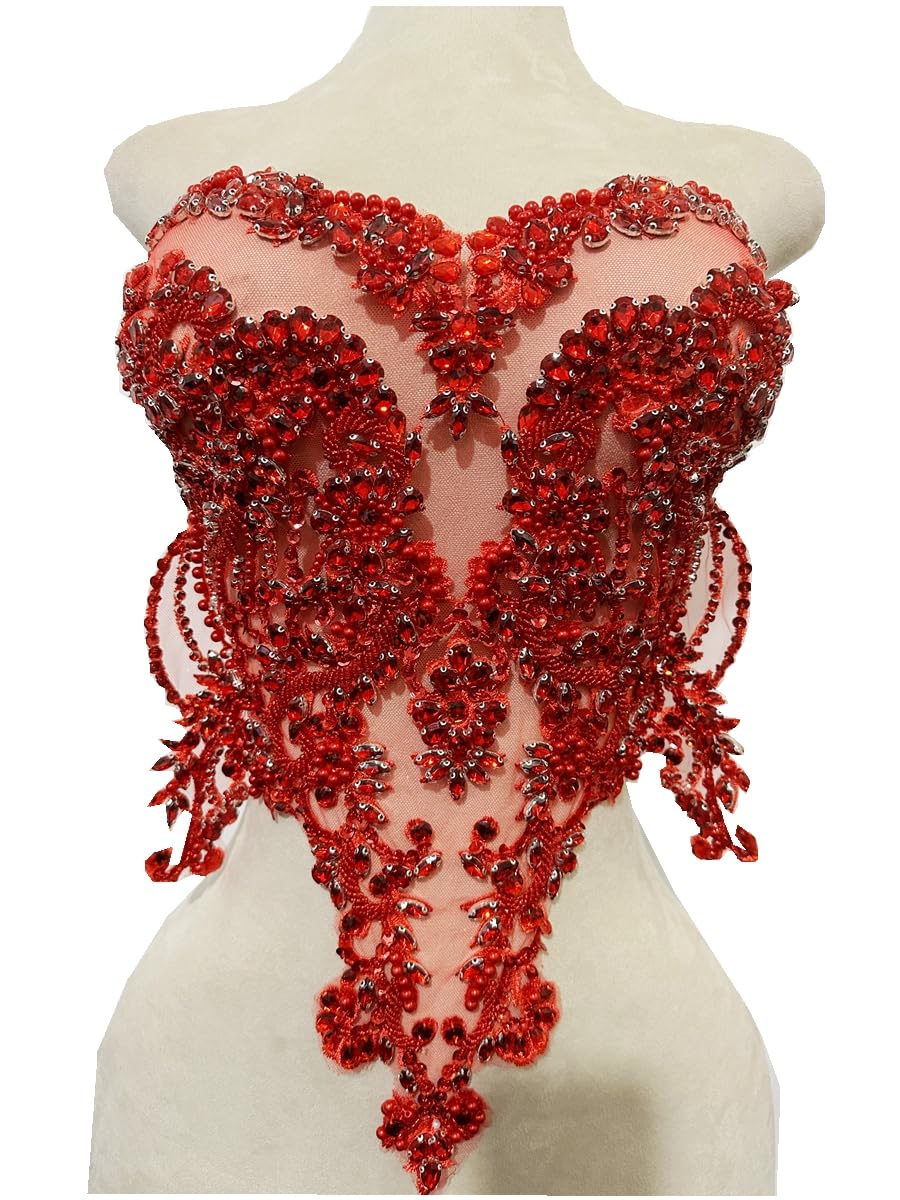 Handmade red/Blue/Gold/Green Rhinestones lace Bodice Applique Sewing Beads Crystal Trim Patches Accessory for Dress Clothes (Rose red)