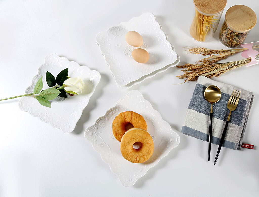 Elegant Square Embossed Lace Plate Bone China Dessert Plate Ceramic Plate Afternoon Tea