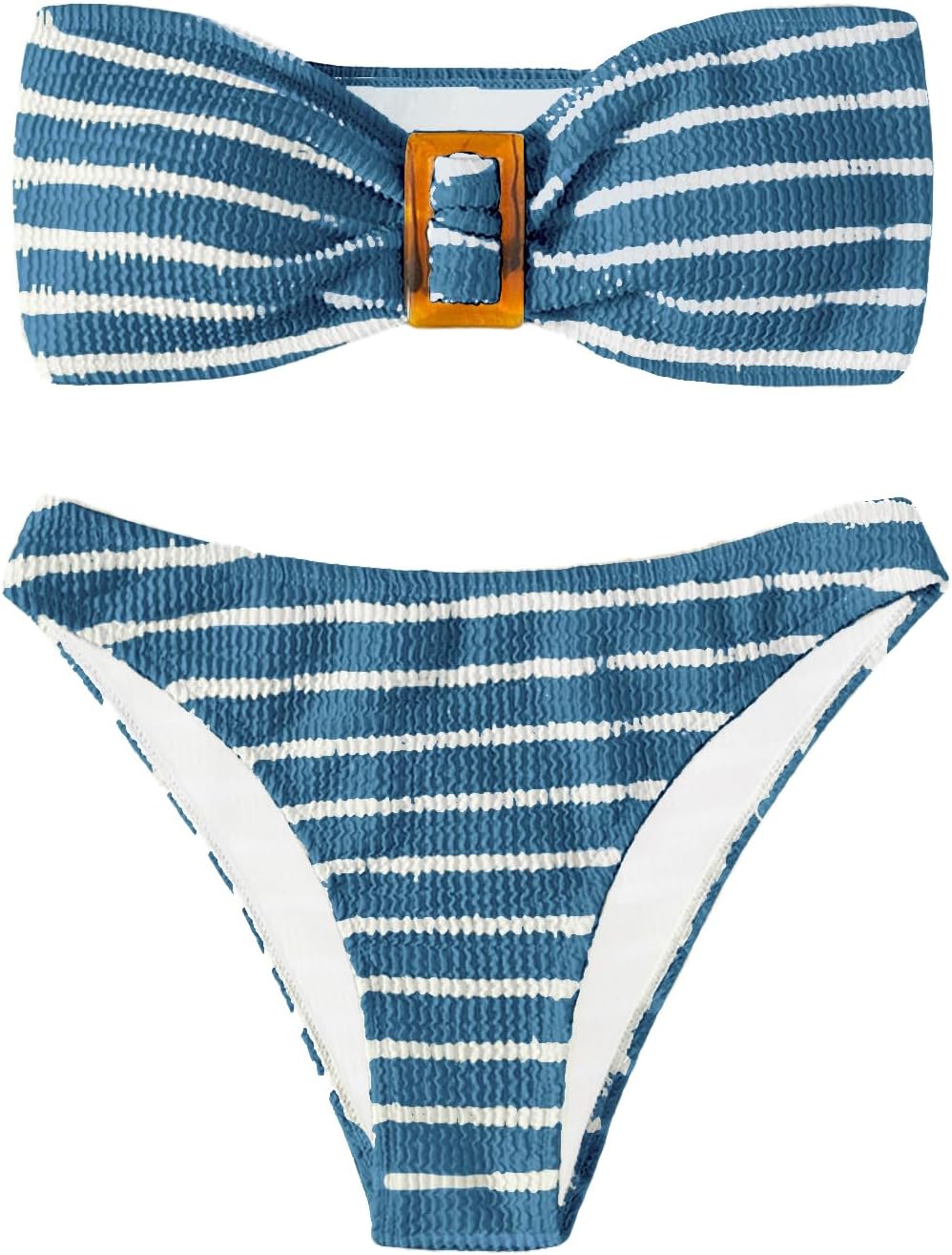 Women's 2 Piece Strapless Swimsuit Striped Bandeau High Waisted Thong Bikini Set Bathing Suit