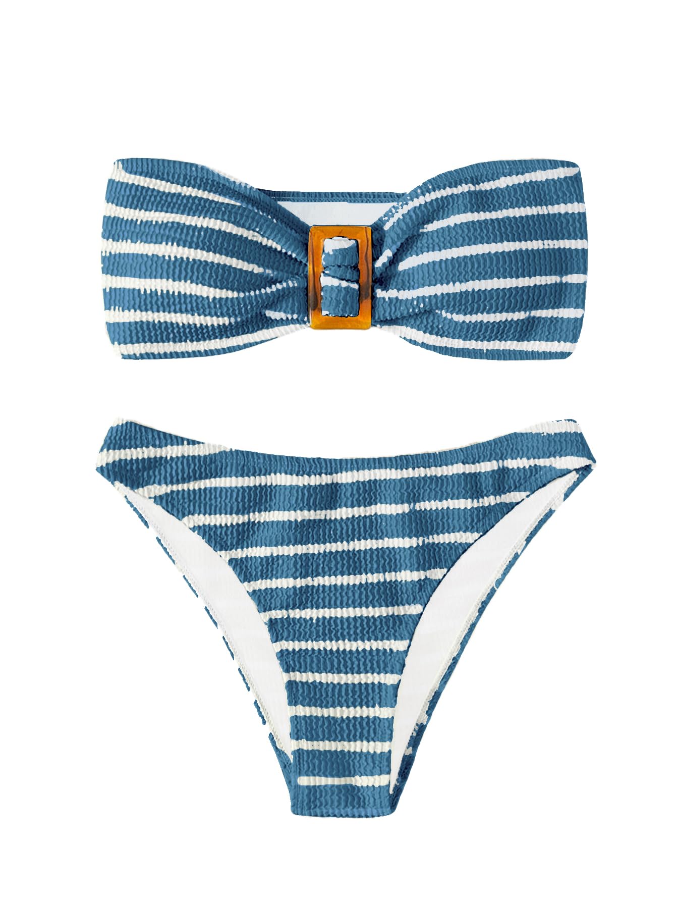 Women's 2 Piece Strapless Swimsuit Striped Bandeau High Waisted Thong Bikini Set Bathing Suit