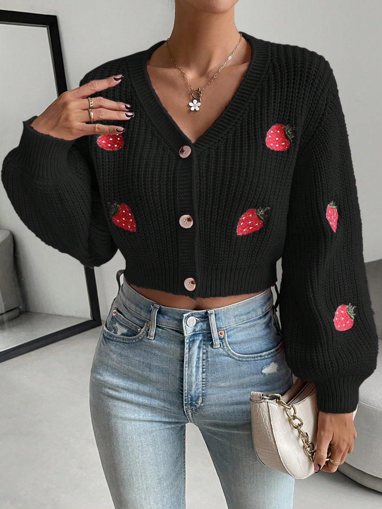 Women's Strawberry Embroidery Crop Cardigan Drop Shoulder Button Up Sweater Tops V Neck Outerwear