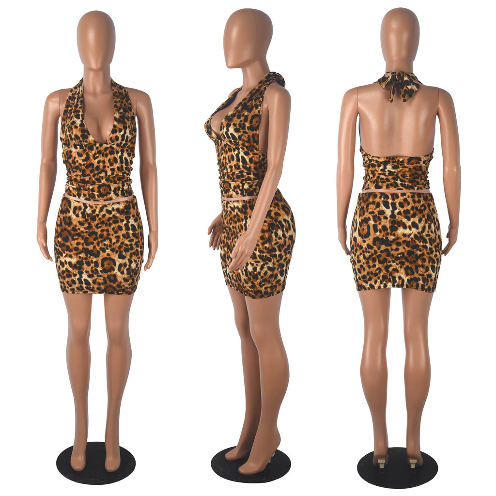 Women Sexy Casual 2 Piece Leopard Cheetah Print Party Club Bodycon Mini Dress