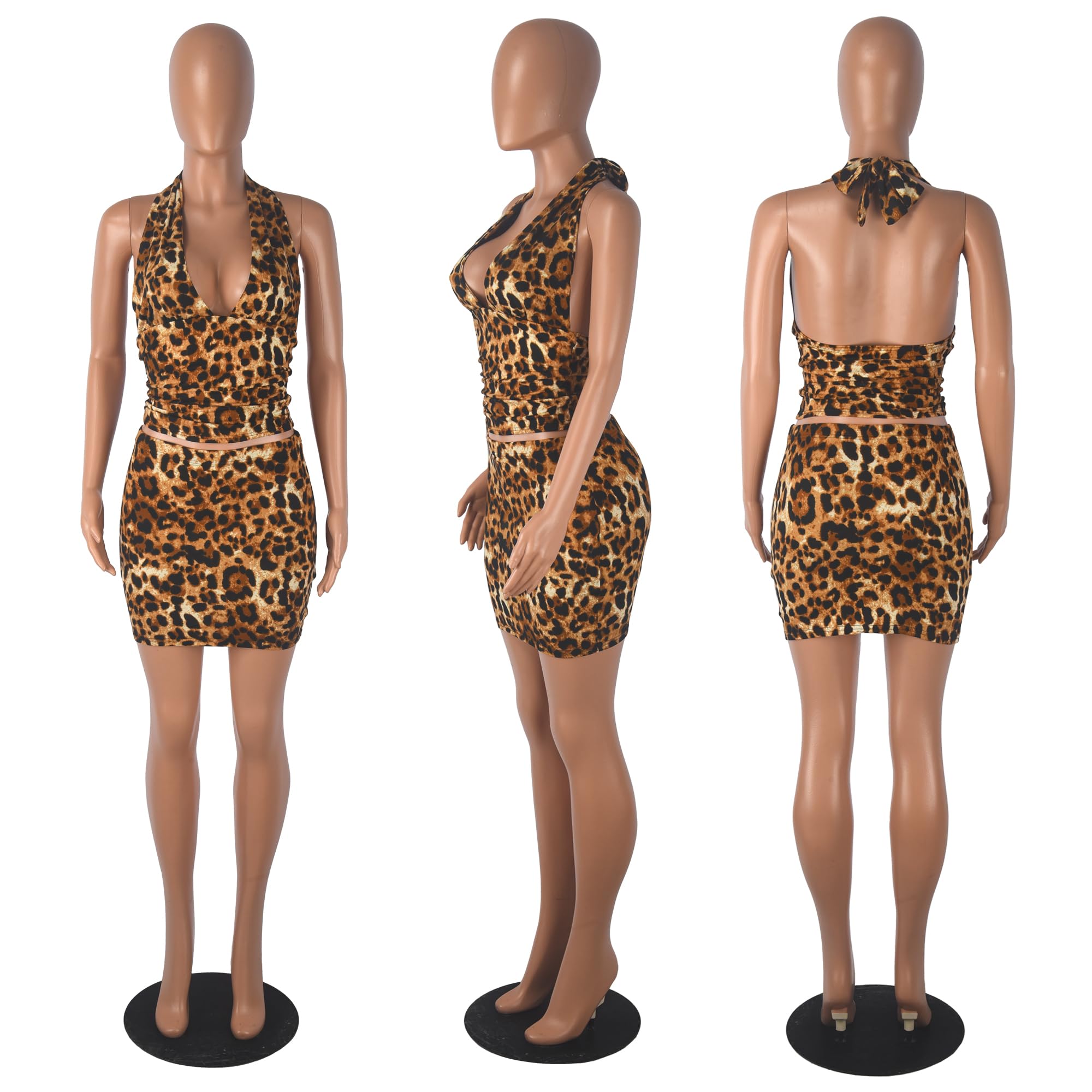 Women Sexy Casual 2 Piece Leopard Cheetah Print Party Club Bodycon Mini Dress