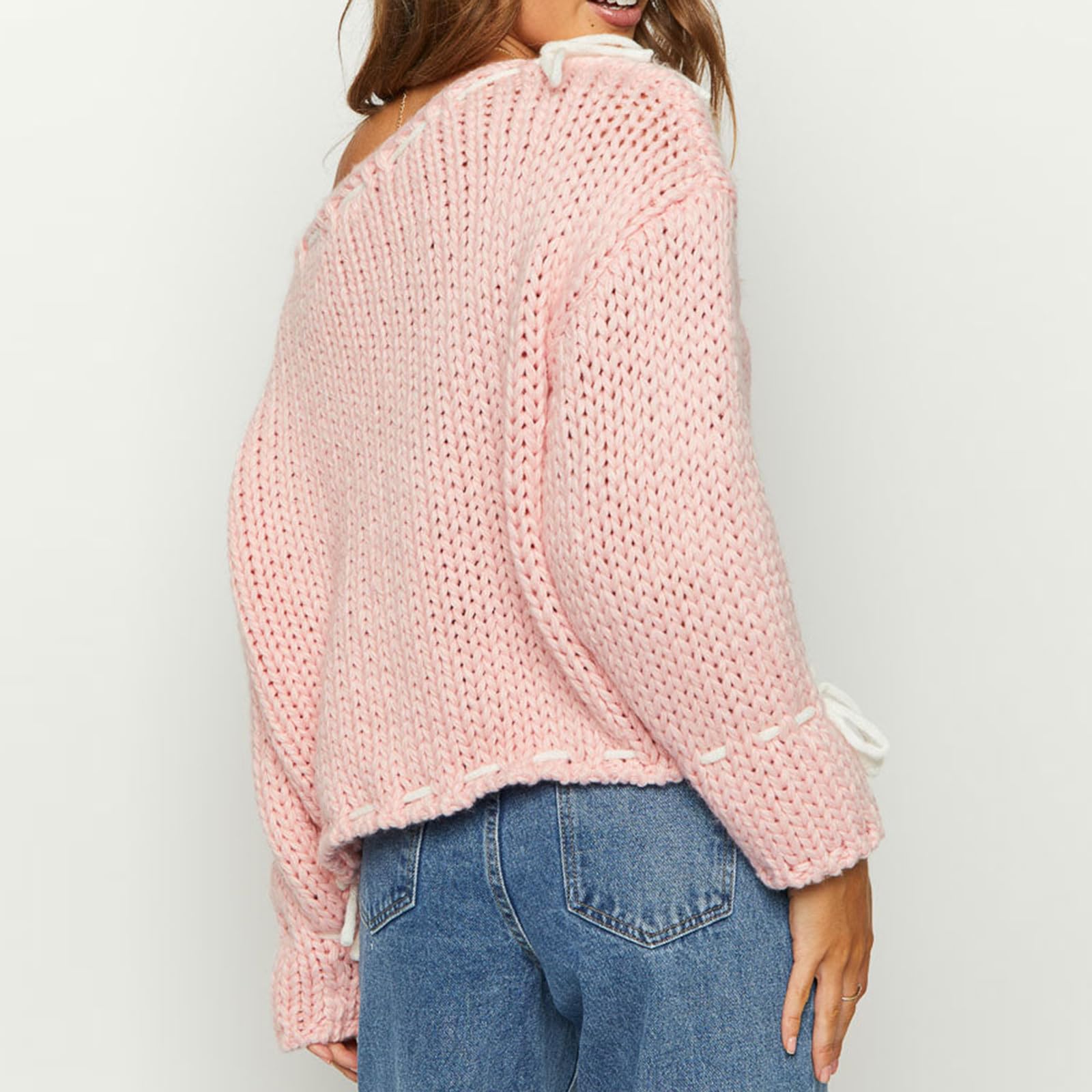 Women Y2k V Neck Sweater Retro Low Cut Long Sleeve Pullover Top E-Girl Cute Solid Loose Fit Lace Up Going Out Jumper