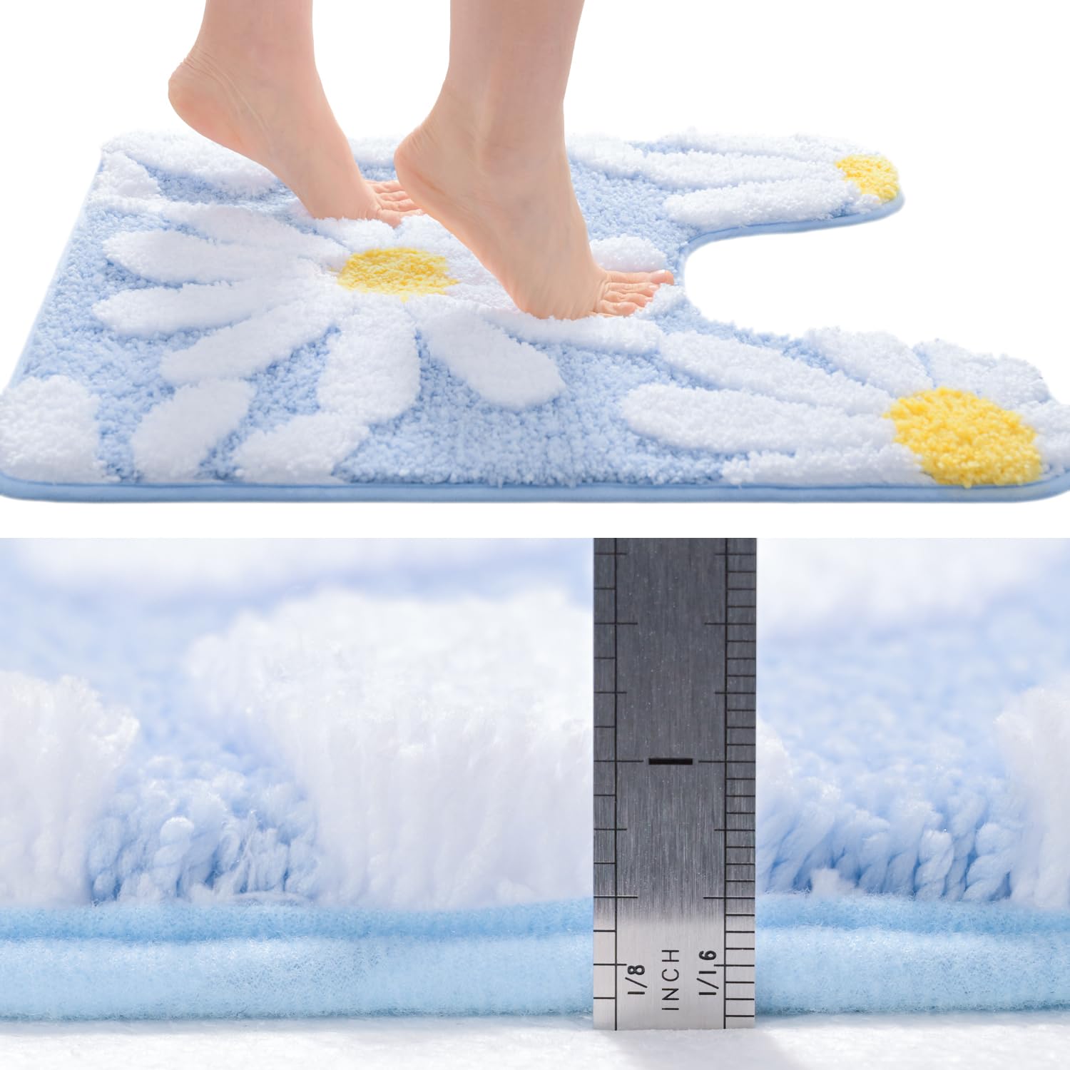 U Shaped Toilet Mat Cute Daisy Contour Bath Rug 20"x20", Extra Thick Soft Machine Washable Toilet Carpet, Non Slip Bathroom Floor Mats Super Absorbent Microfiber Bath Rugs