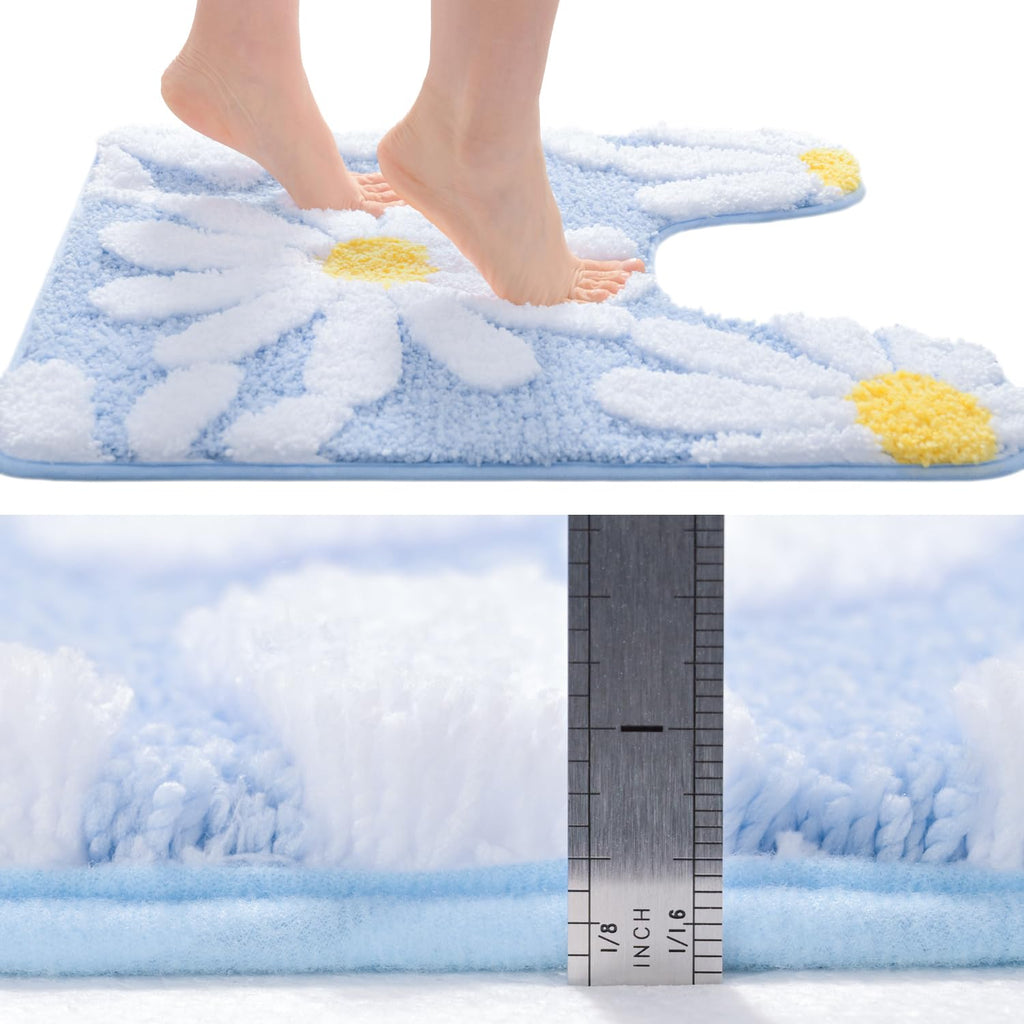U Shaped Toilet Mat Cute Daisy Contour Bath Rug 20"x20", Extra Thick Soft Machine Washable Toilet Carpet, Non Slip Bathroom Floor Mats Super Absorbent Microfiber Bath Rugs