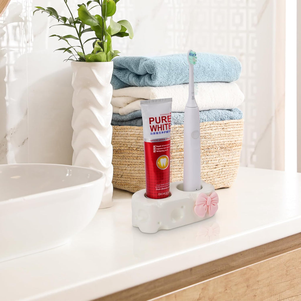 Cute Toothpaste Holder, Ceramic Bow Toothbrush Holder, Bathroom Countertop Accessories, for Bathroom Canister Storage Organization, Vanity Makeup Organizer