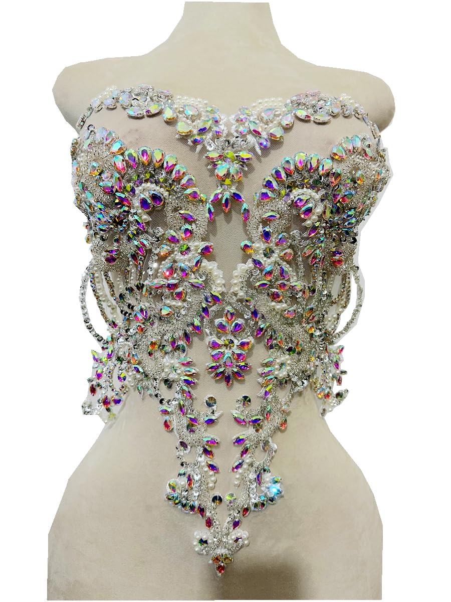 Handmade red/Blue/Gold/Green Rhinestones lace Bodice Applique Sewing Beads Crystal Trim Patches Accessory for Dress Clothes (Rose red)