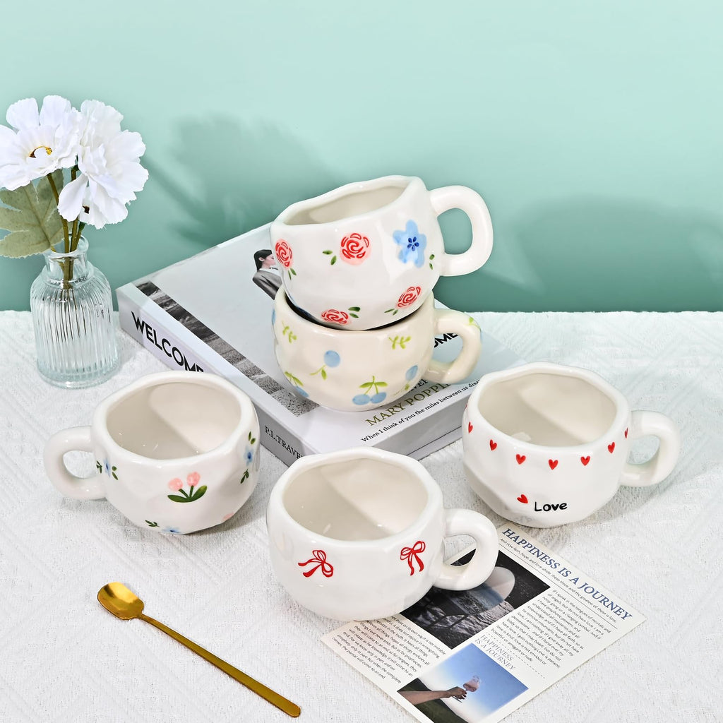 Ceramic Coffee Mug with Saucer Set, Cute Creative Cup Unique Irregular Design, 10 oz/300 ml
