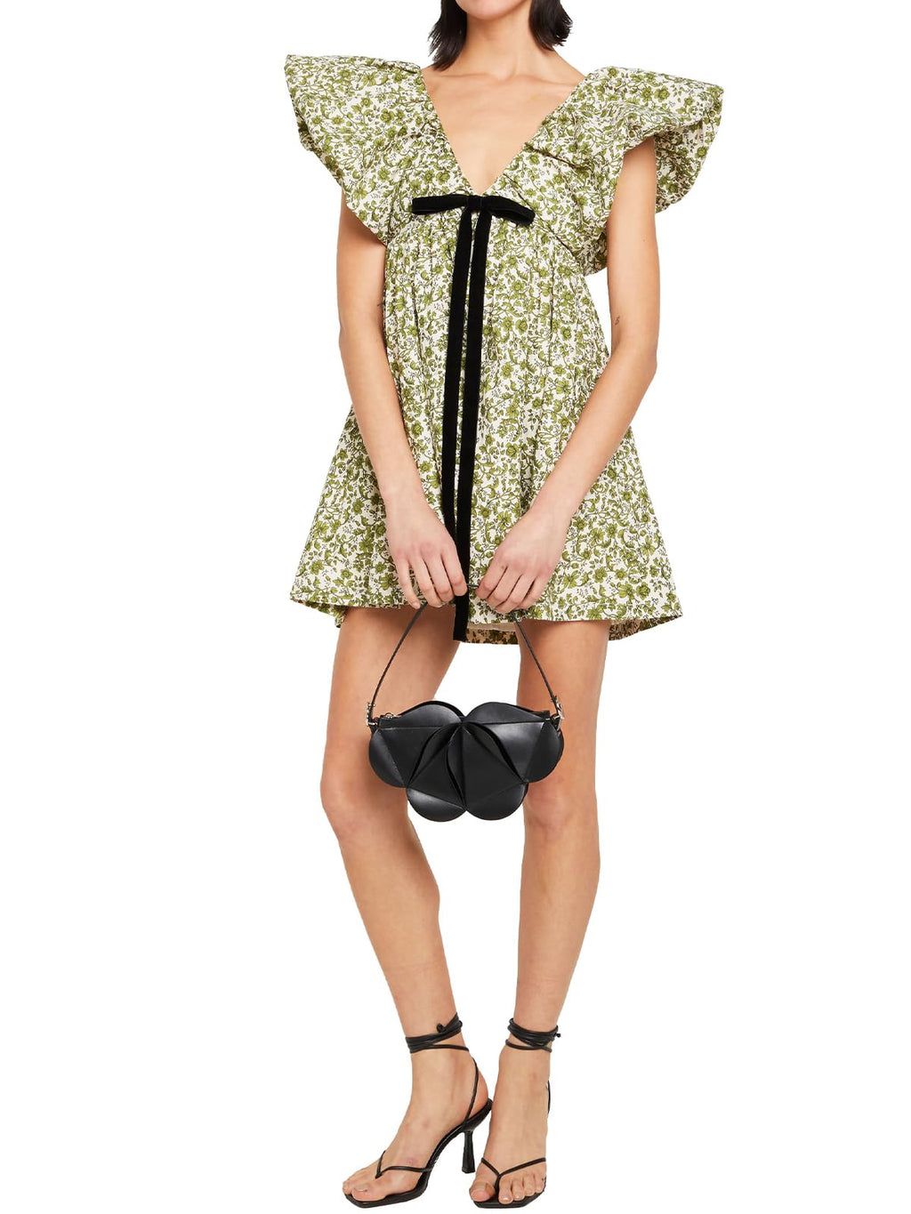 Women's Mini Dress V Neck Puff Sleeve Dress Short Babydoll Bow Dress