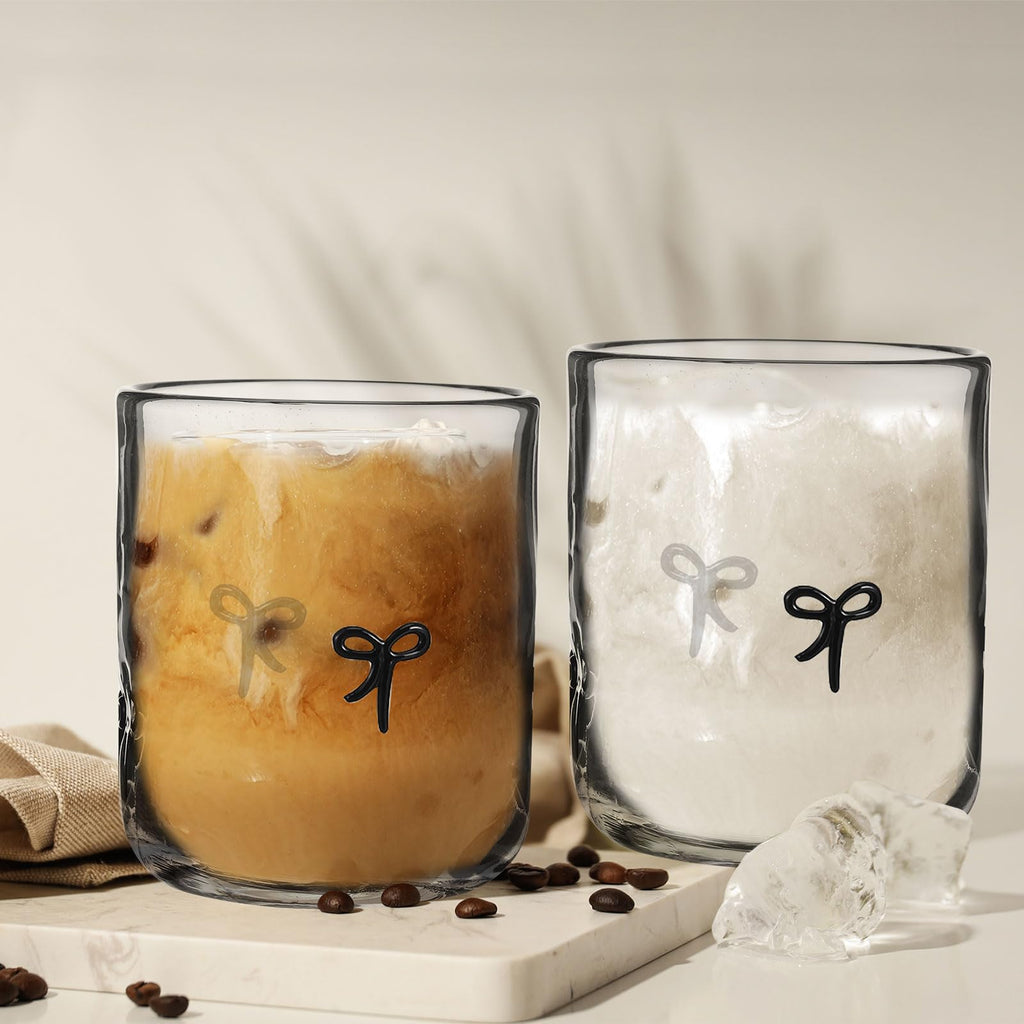 Skylety 2 Pack Bow Icon Juice Glass Coquette Bow Aesthetic Cup 14 ounce Double Old Fashioned Icon Handblown Cocktail glasses for Women Friend Party(Pink)