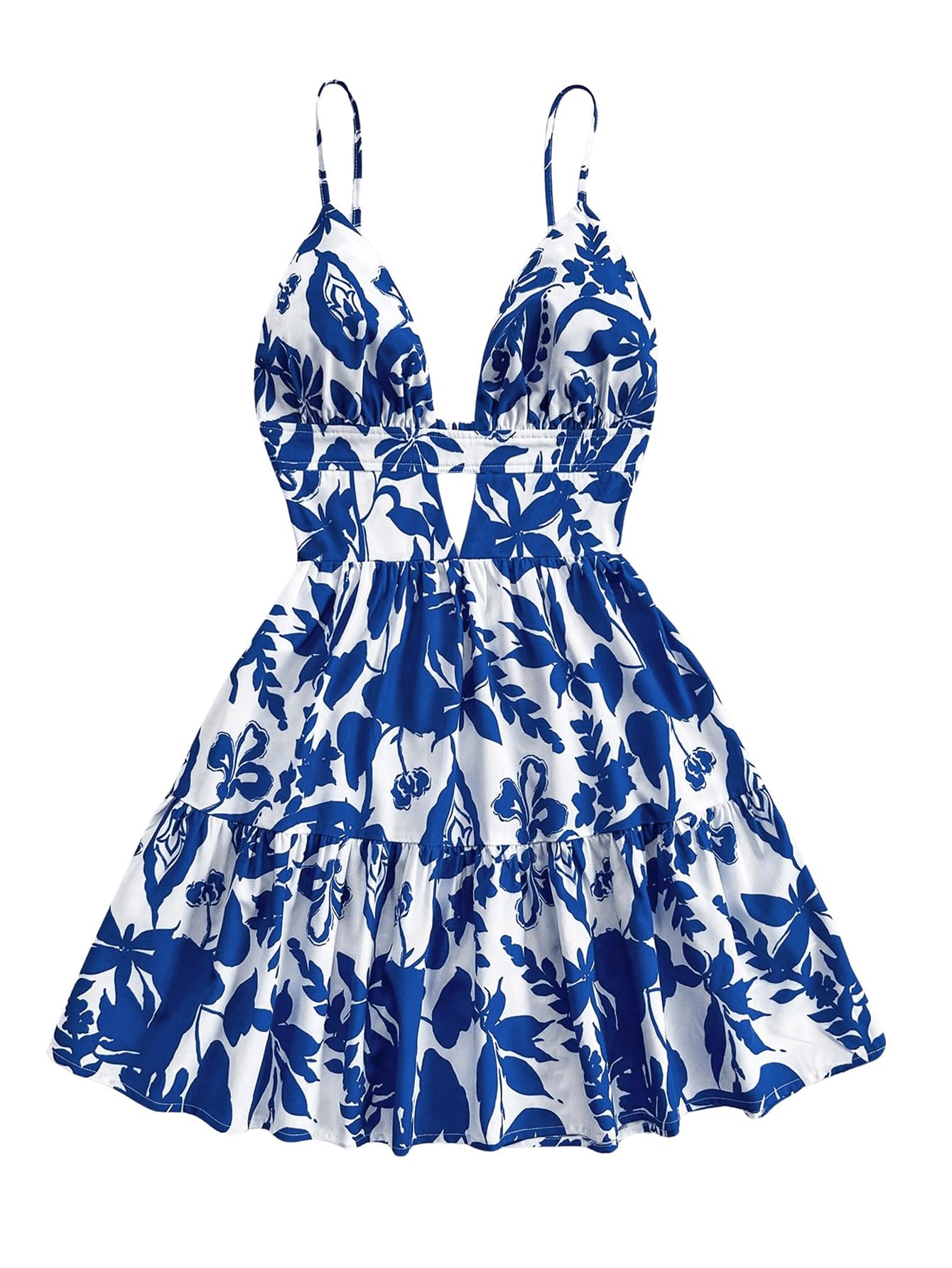 Women's Sleeveless Butterfly Print Cut Out V Neck Tiered Mini Cami Dresses