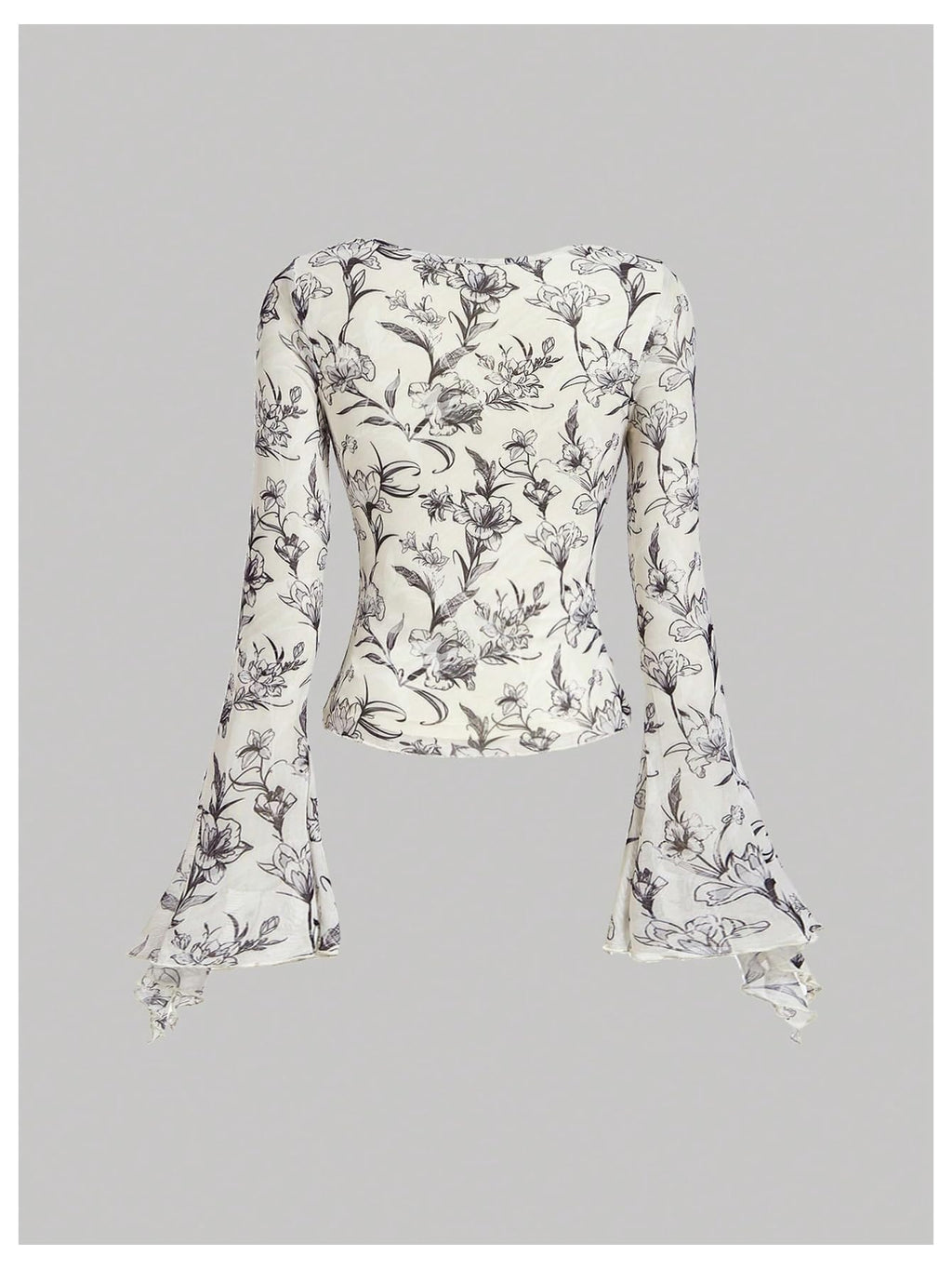 Verdusa Women's Floral Print Mesh Bell Sleeve Tie-Front Top with Lettuce Trim