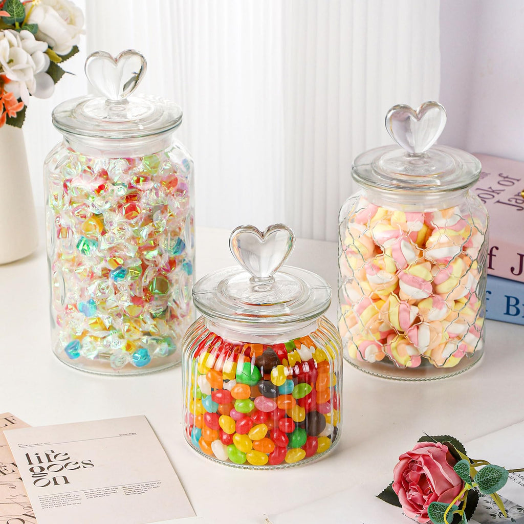 Set of 2 Airtight Glass Jars Decorative Jars, 32oz Jar of Hearts Cute Cookie Jar Decorative Jars with Lids Candy Jars for Candy Buffet Heart Shaped Lid - Drops Textured