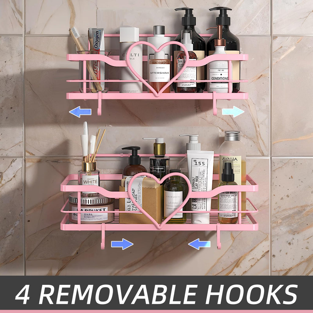 Heart Shower Caddy with 4 Removable Hooks, 2 Pack Sweet Heart Shower Shelves, No Drilling Adhesive Organizer Shelf
