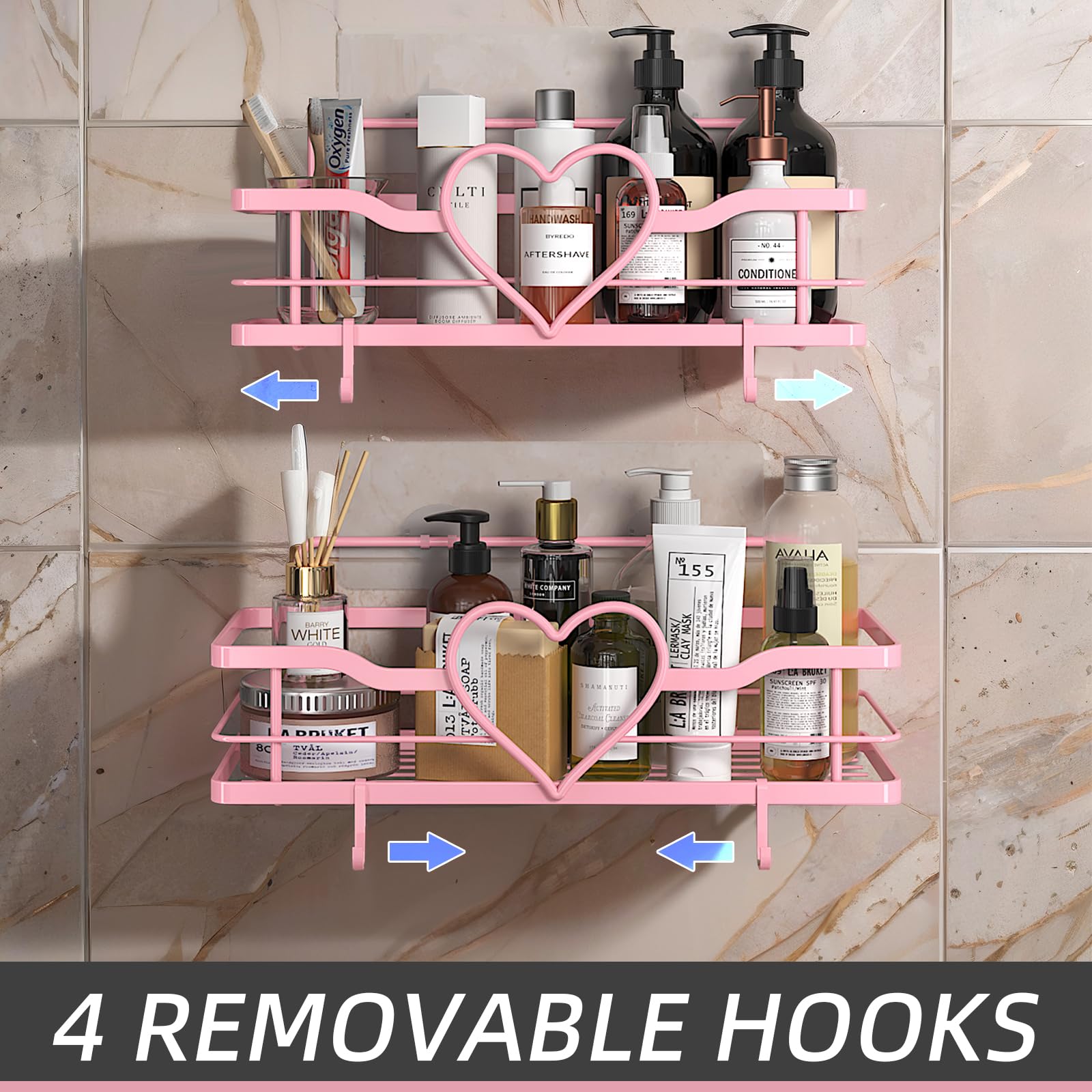 Heart Shower Caddy with 4 Removable Hooks, 2 Pack Sweet Heart Shower Shelves, No Drilling Adhesive Organizer Shelf