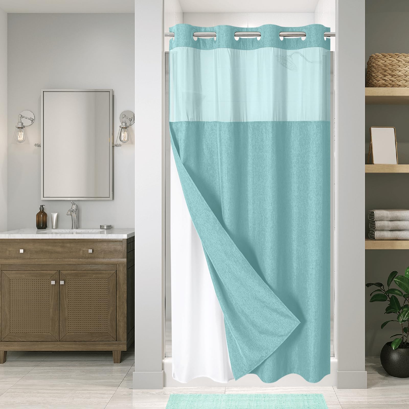 No Hooks Needed Linen Textured Shower Curtain with Snap-in Fabric Liner Set, Luxury Decor Shower Curtains for Bathroom with Mesh Top Window, Waterproof & Washable