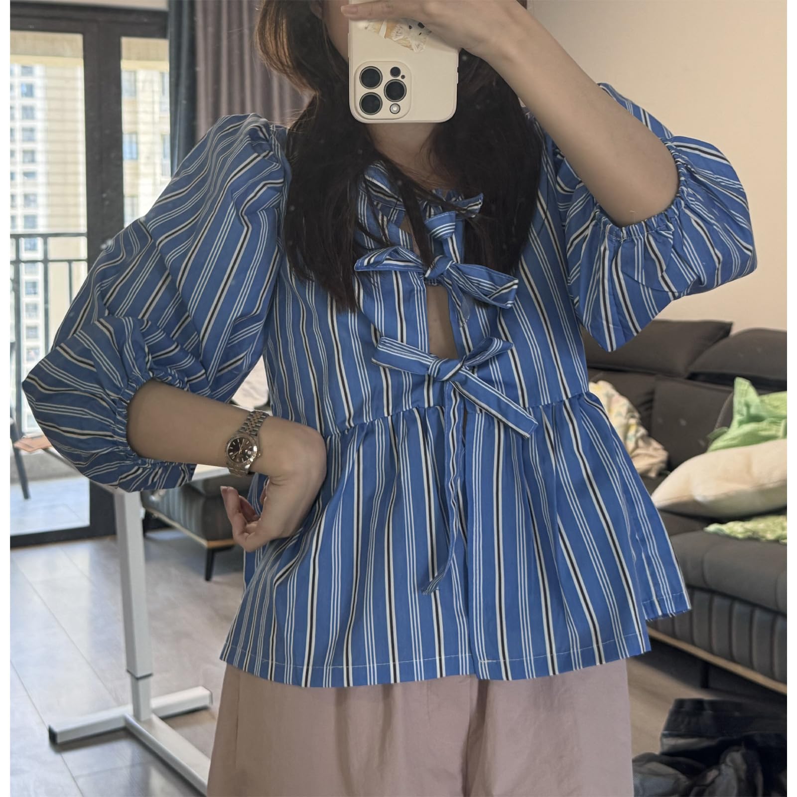 Tie Front Tops Womens Y2k Print Peplum Babydoll Top 3/4 Length Puff Sleeve Coquette Cute Going Out Tops