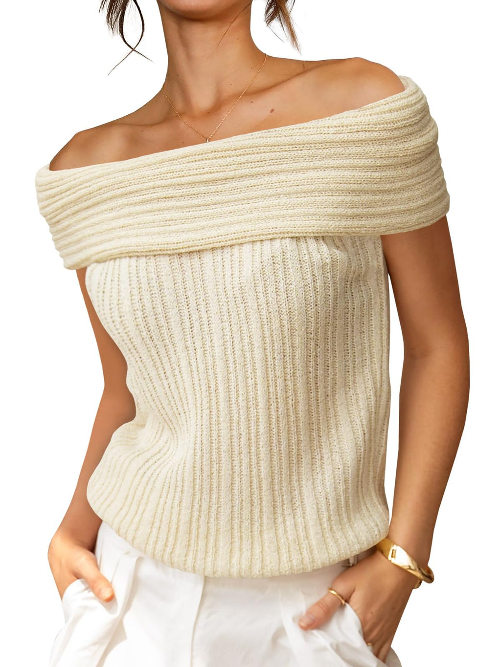 Womens Off The Shoulder Sweater Tops Summer Sleeveless Strapless Ribbed Sexy Pullover Shirts
