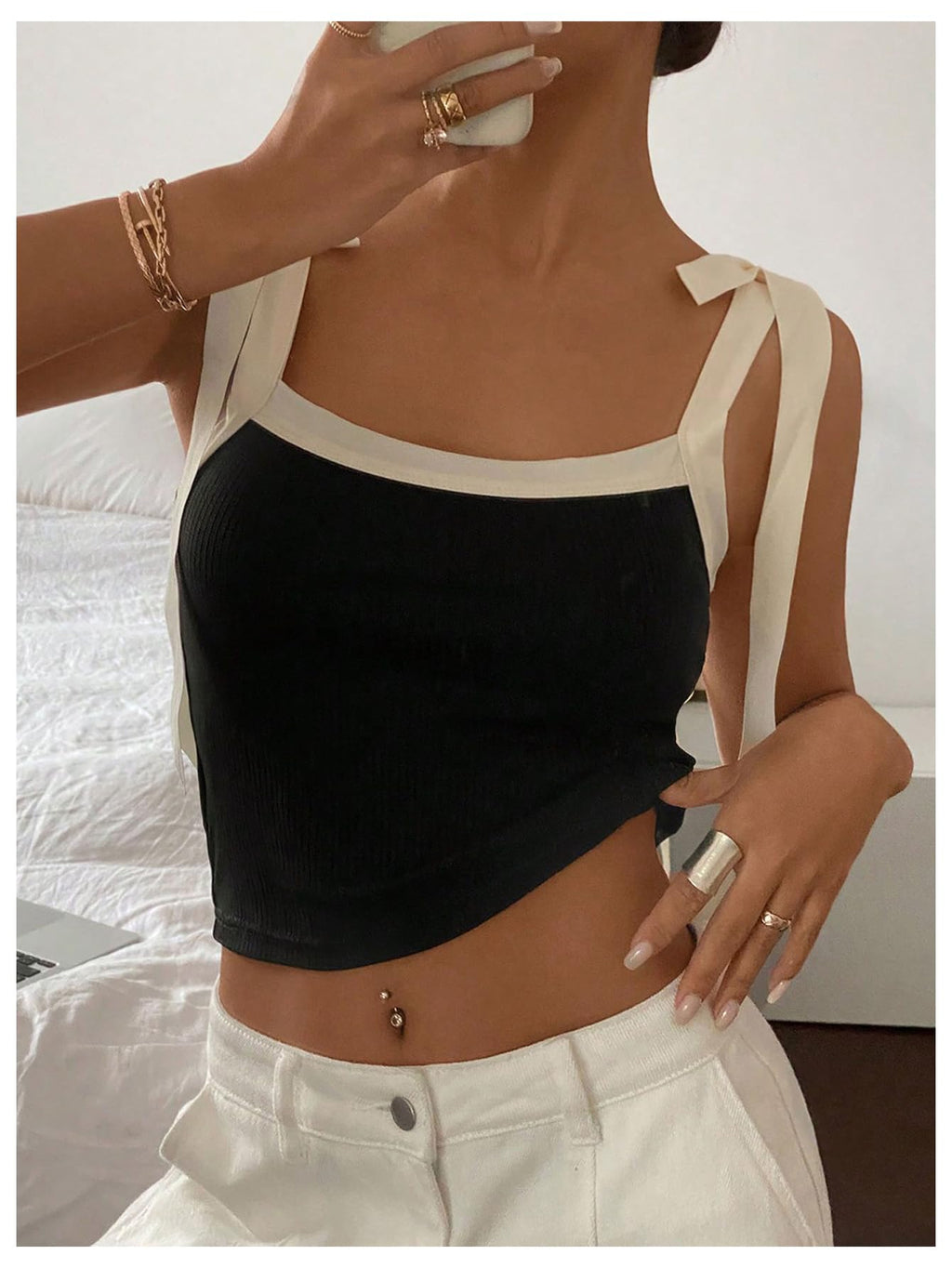 Women's Coquette Bow Tie Shoulder Tank Tops Backless Fitted Crop Tops