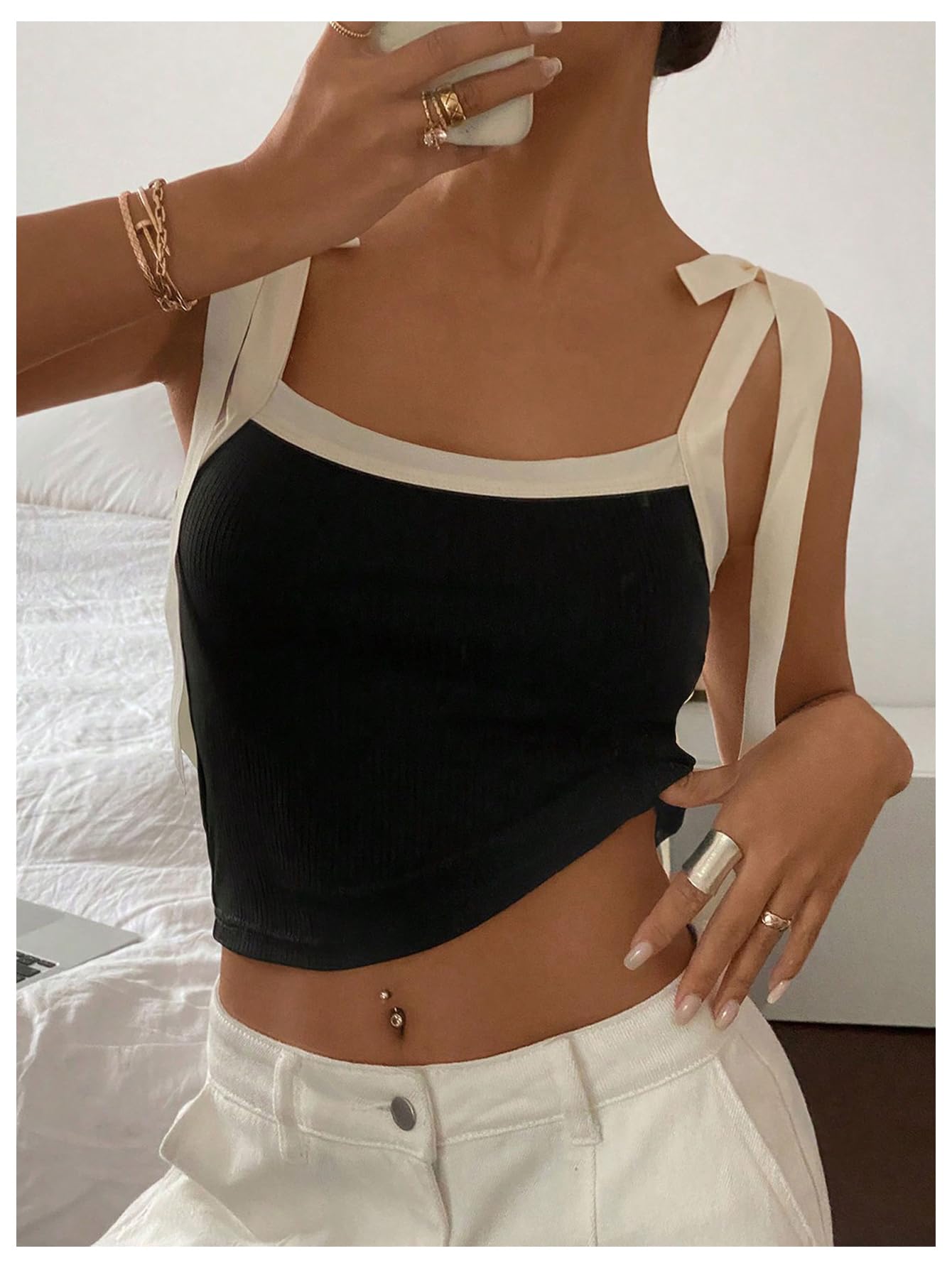 Women's Coquette Bow Tie Shoulder Tank Tops Backless Fitted Crop Tops