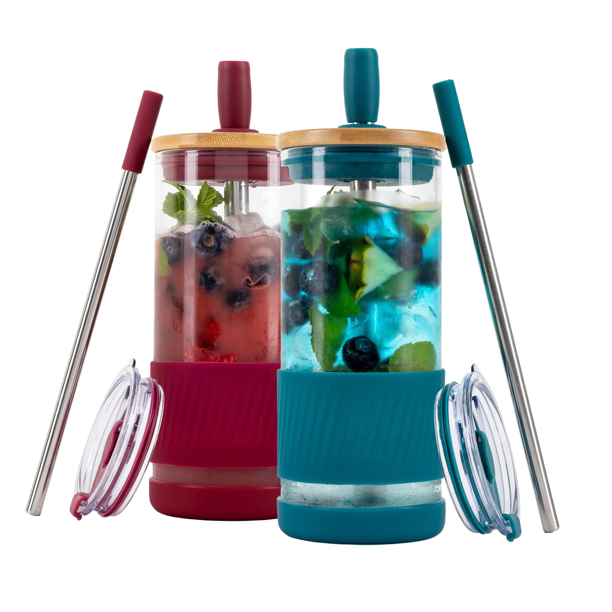 Pandaloo® Glass Cups With Lids and Straws -20 Fl Oz- Perfect Size Iced Coffee Cup - Smoothie Cup With Bamboo Lid and On the go Lid - Glass Tumbler With Straw