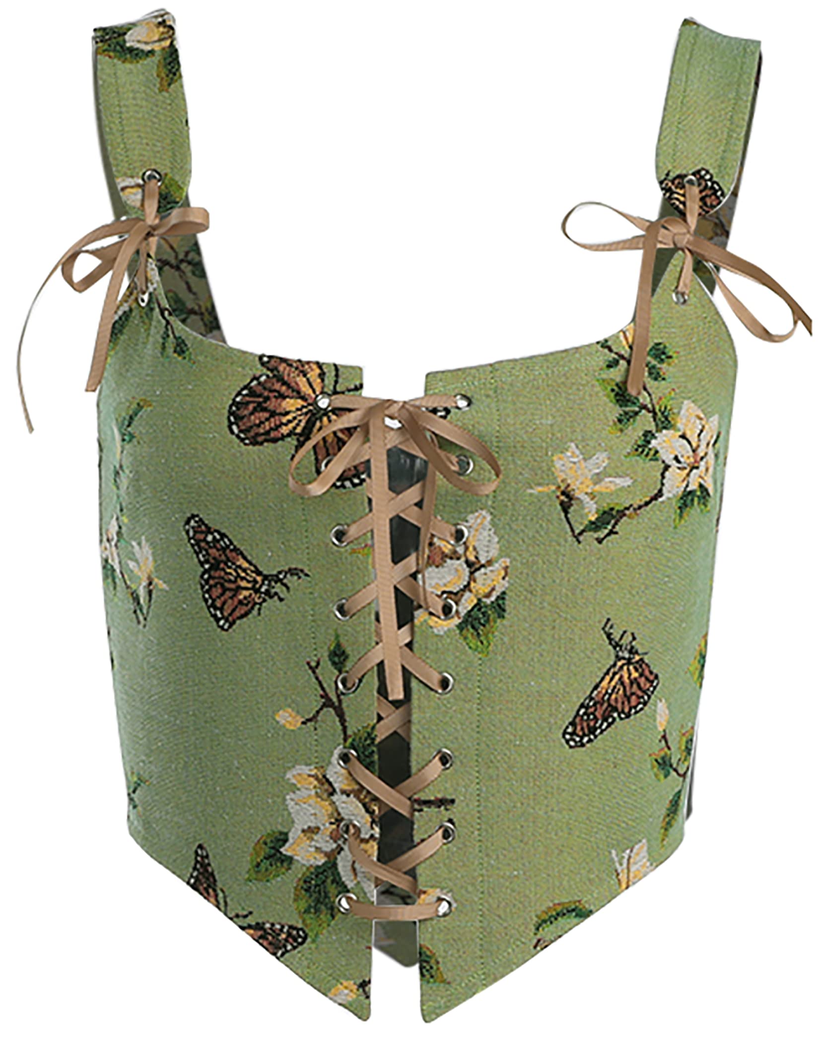 Womens Vintage Floral Print Grommet Lace Up Tie Front Corset Bustier Shapewear Top