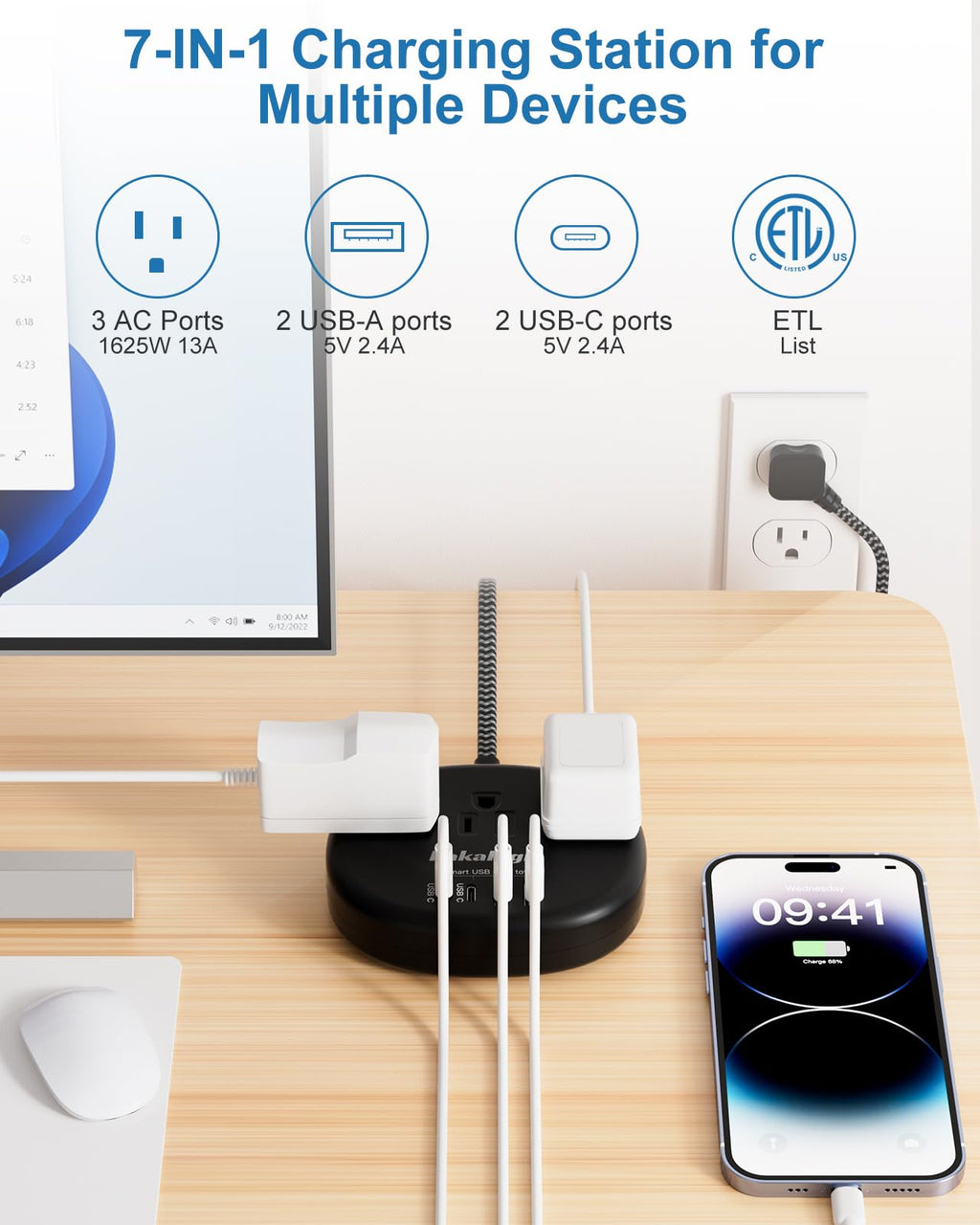 Cute Surge Protector â€?5FT Flat Extension Cord, 3 Outlets, 4 USB Ports (24W)