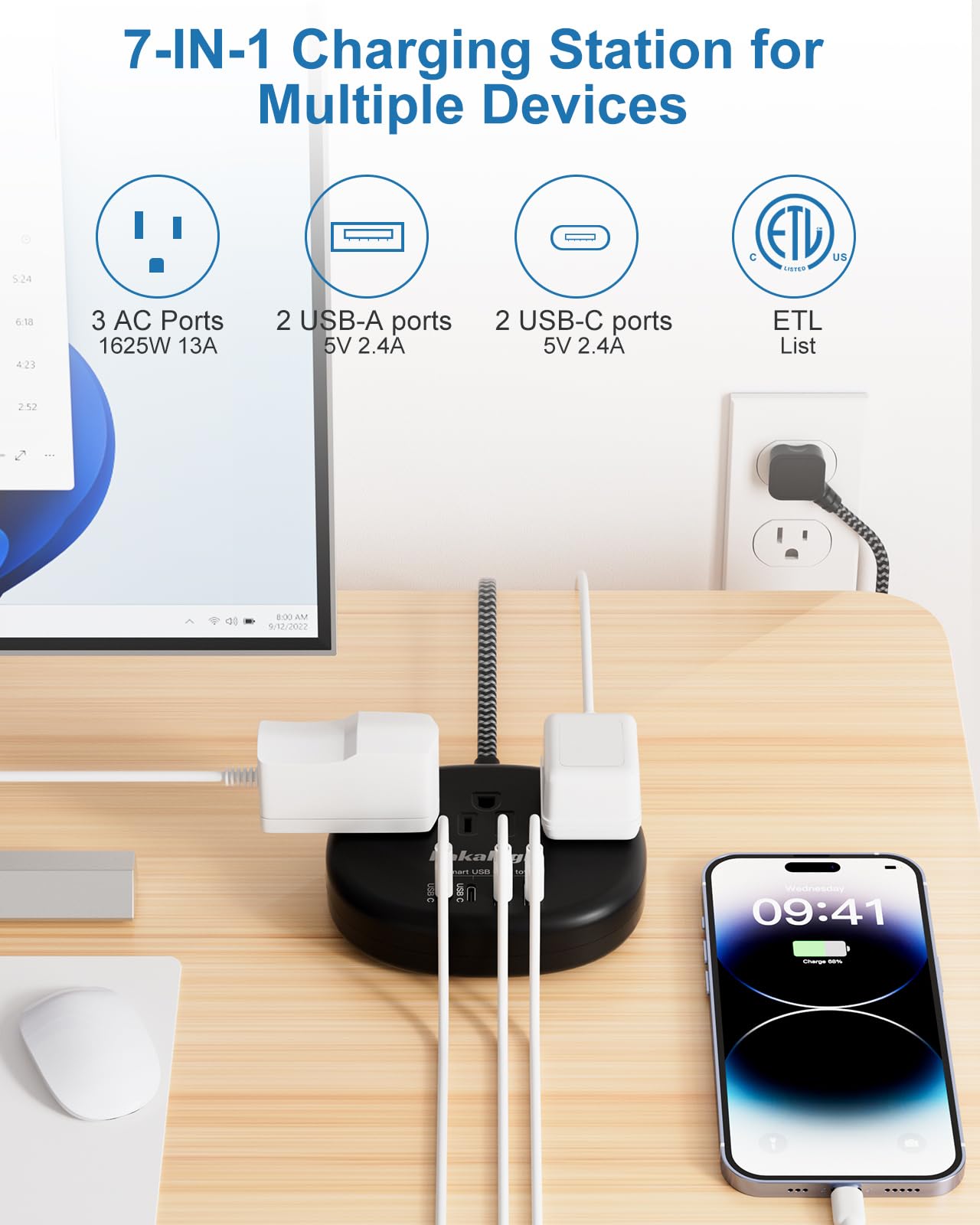 Cute Surge Protector â€?5FT Flat Extension Cord, 3 Outlets, 4 USB Ports (24W)