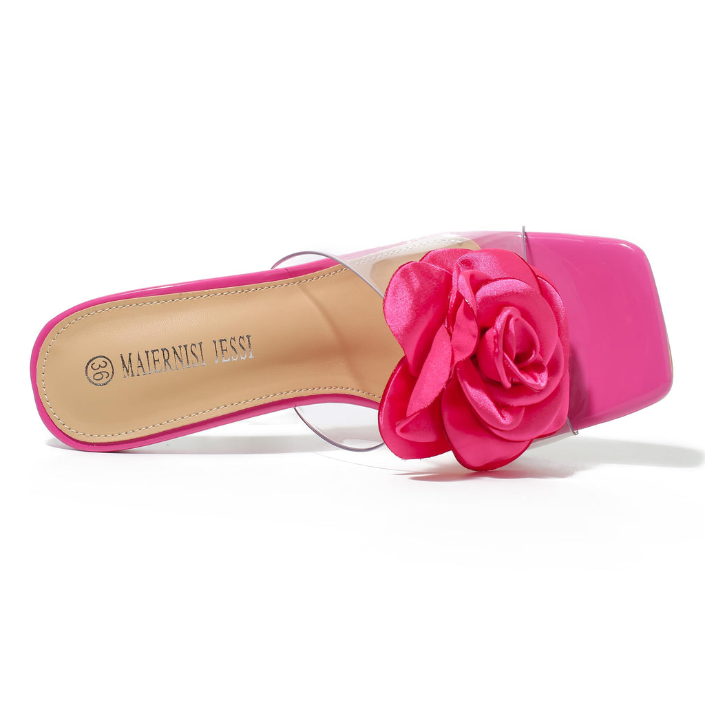 Women Flowers High Heels Mules Sandals Square Toe Slip On Sandals