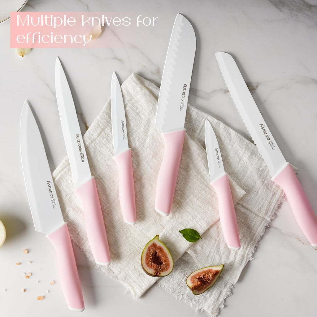 Colorful Kitchen Knives Set with Block and Sharpener Ceramic Coating 15 Pcs German Stainless Steel Knives Sharp Blade Dishwasher Safe Knife Block Set with Ergonomic Handle