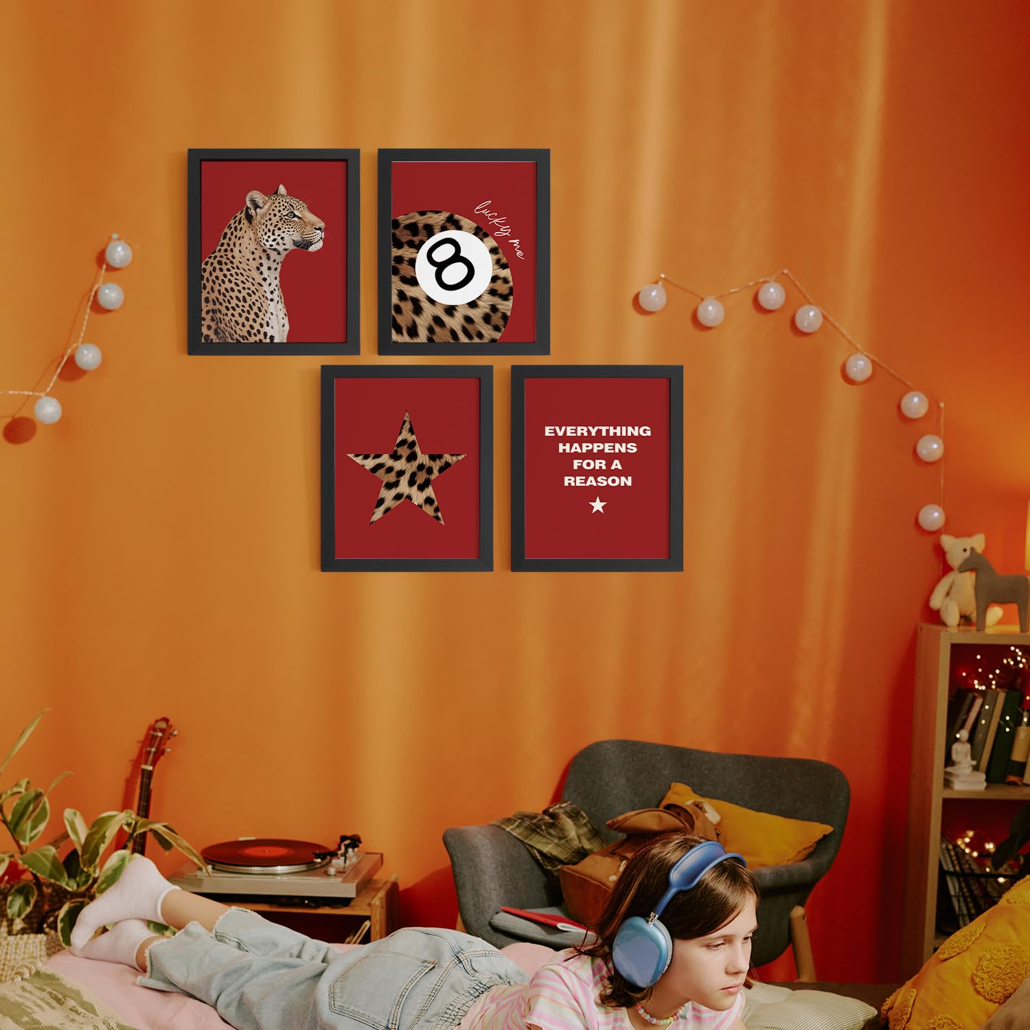 Trendy Leopard Wall Art Prints Set of 4 Funky Lucky 8 Ball Posters Prints Preppy Room Aesthetic Cheetah Wall Decor for Girls Room Dorm Apartment 8x10 Unframed