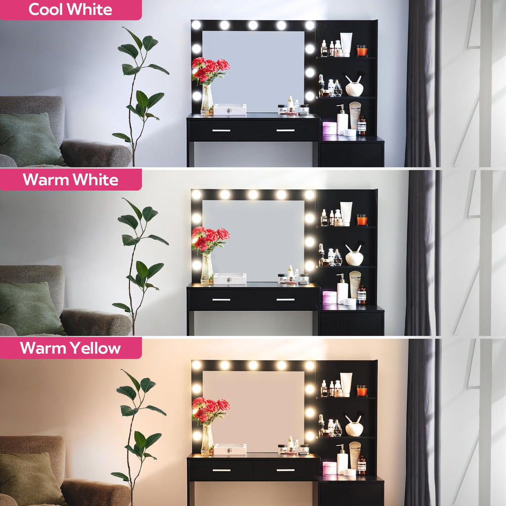 Vanity Desk with Mirror and LED Light Strip,Dressing Table with Large Drawer, 3 Level Storage Dresser & 3 Lighting Modes Adjustable Brightness